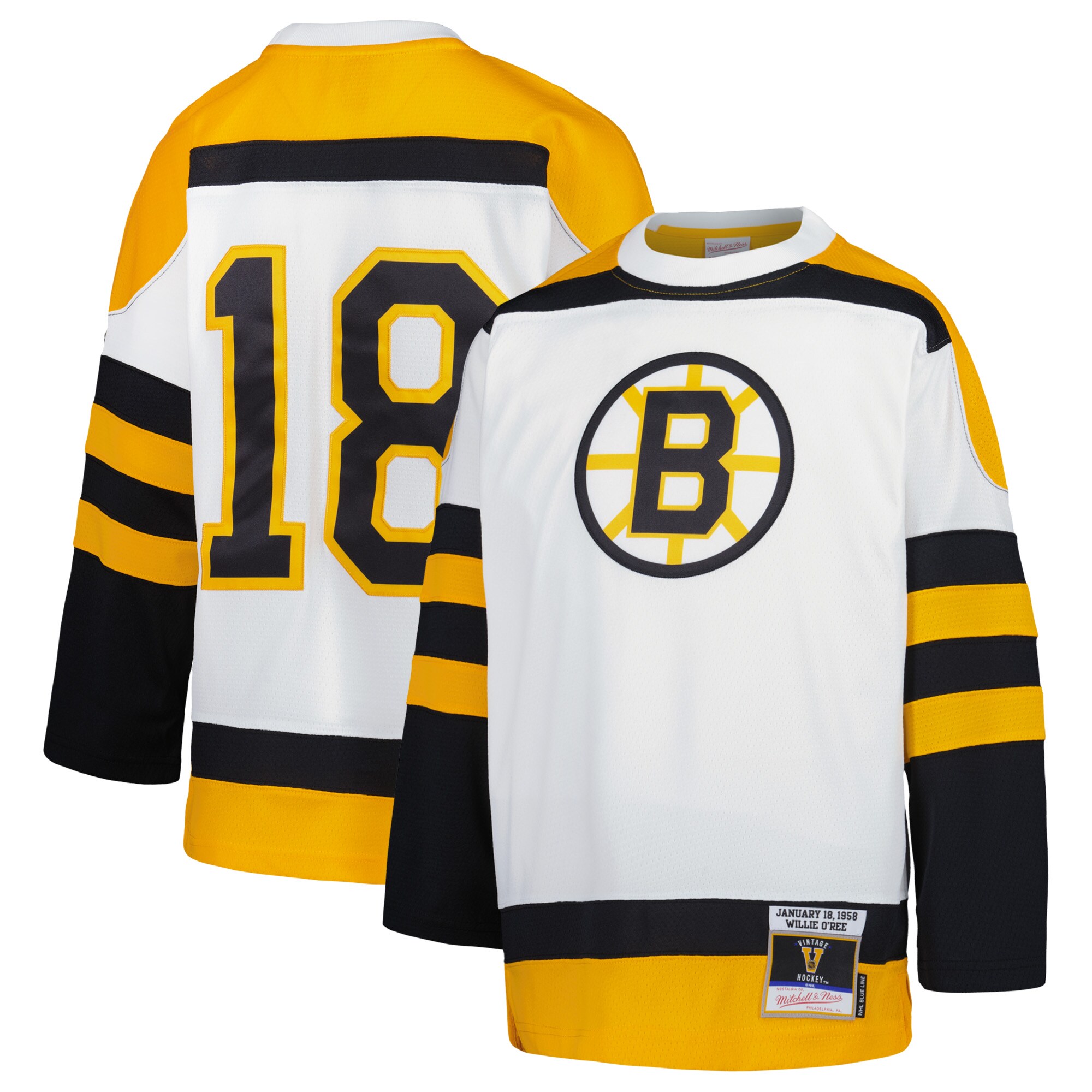 Youth Boston Bruins Willie O'Ree Mitchell & Ness White 1958 Blue Line Player Jersey - JS416 
