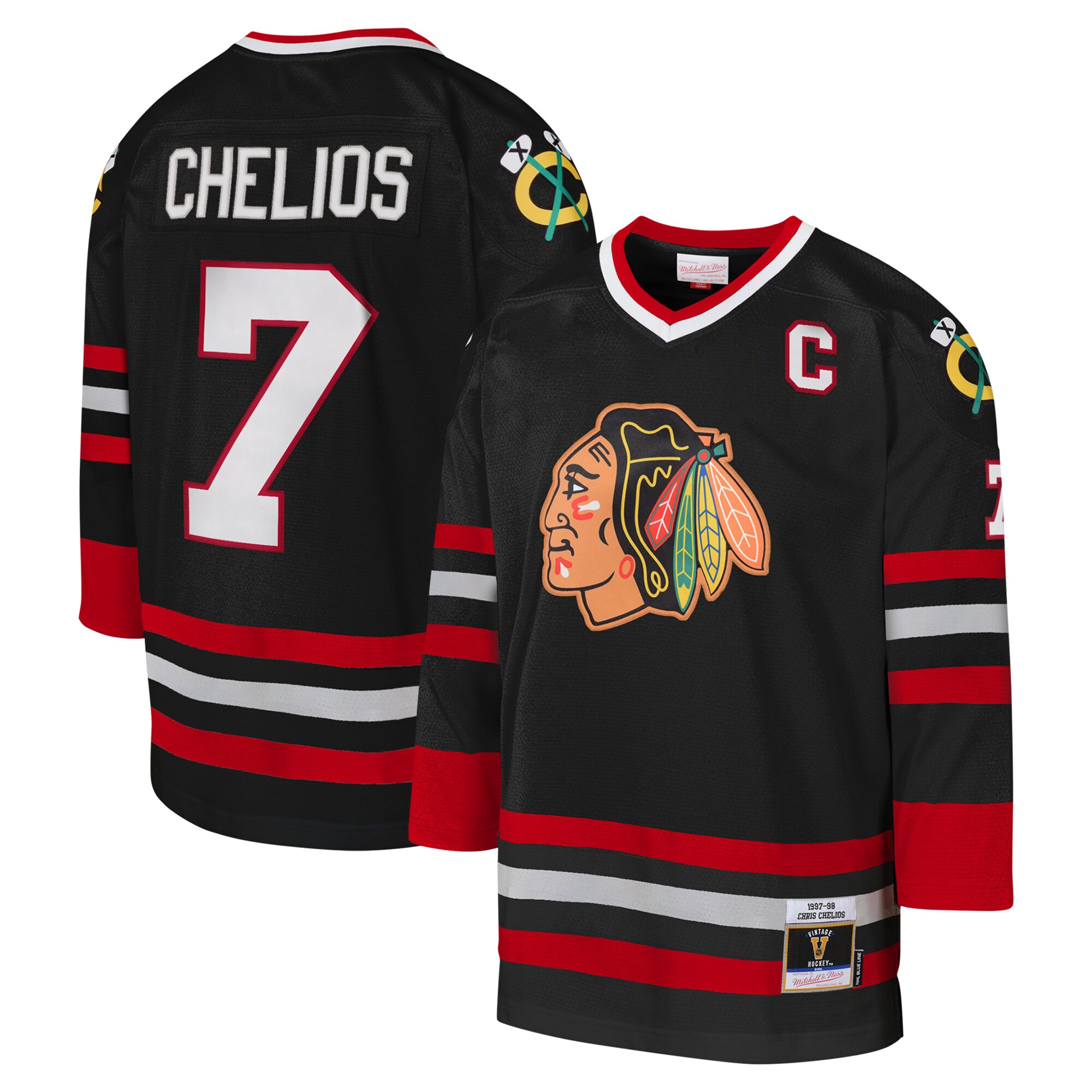 Youth Chicago Blackhawks Chris Chelios Mitchell & Ness Black 1997-98 Blue Line Captain Patch Player Jersey - JS250 
