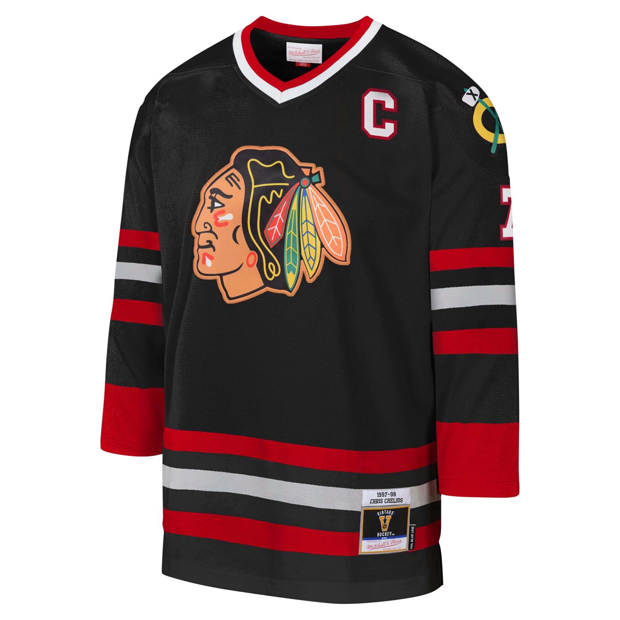 Alternative view of Youth Chicago Blackhawks Chris Chelios Mitchell & Ness Black 1997-98 Blue Line Captain Patch Player Jersey - JS250 