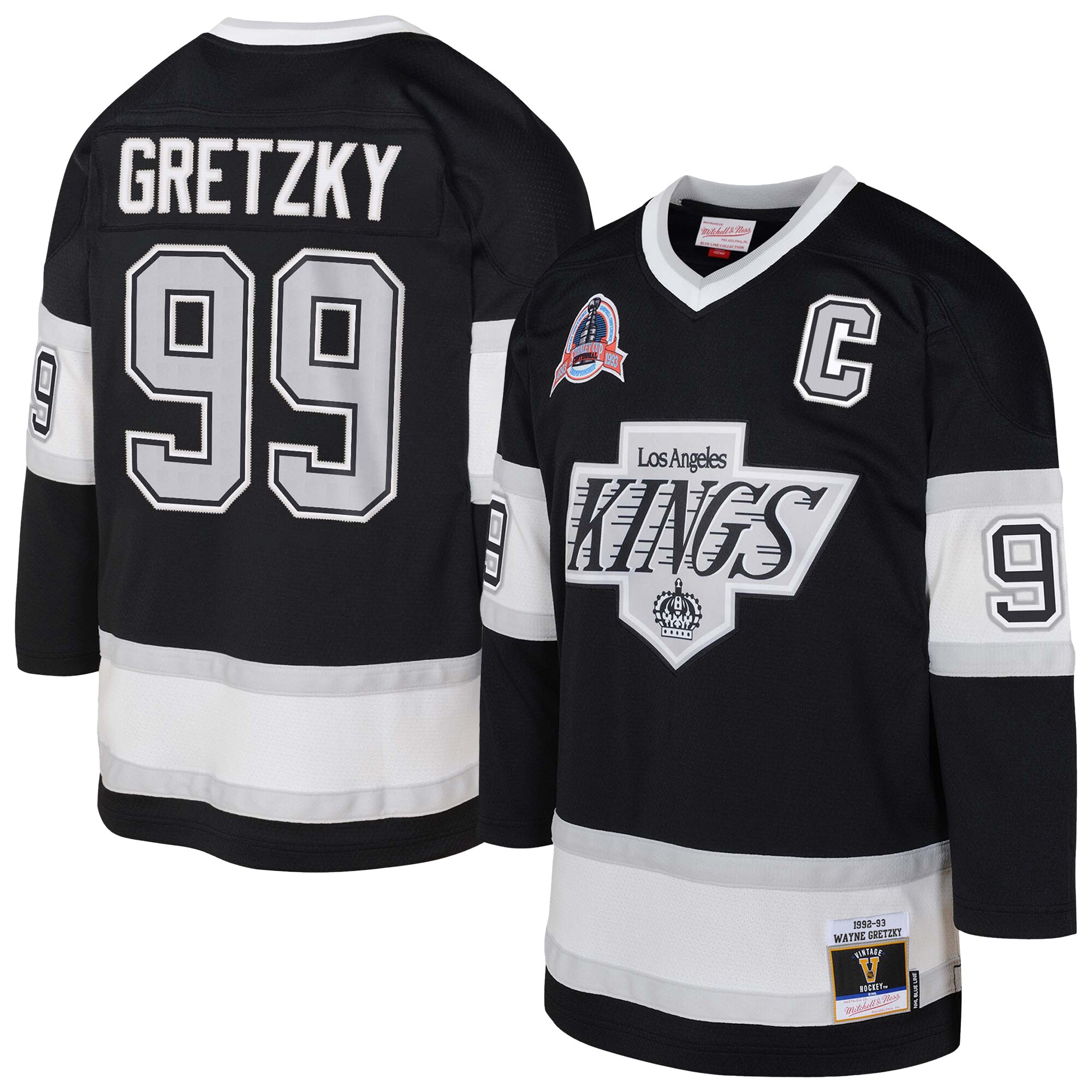 Youth Los Angeles Kings Wayne Gretzky Mitchell & Ness Black 1992/93 Captain Patch Blue Line Player Jersey - JS480 