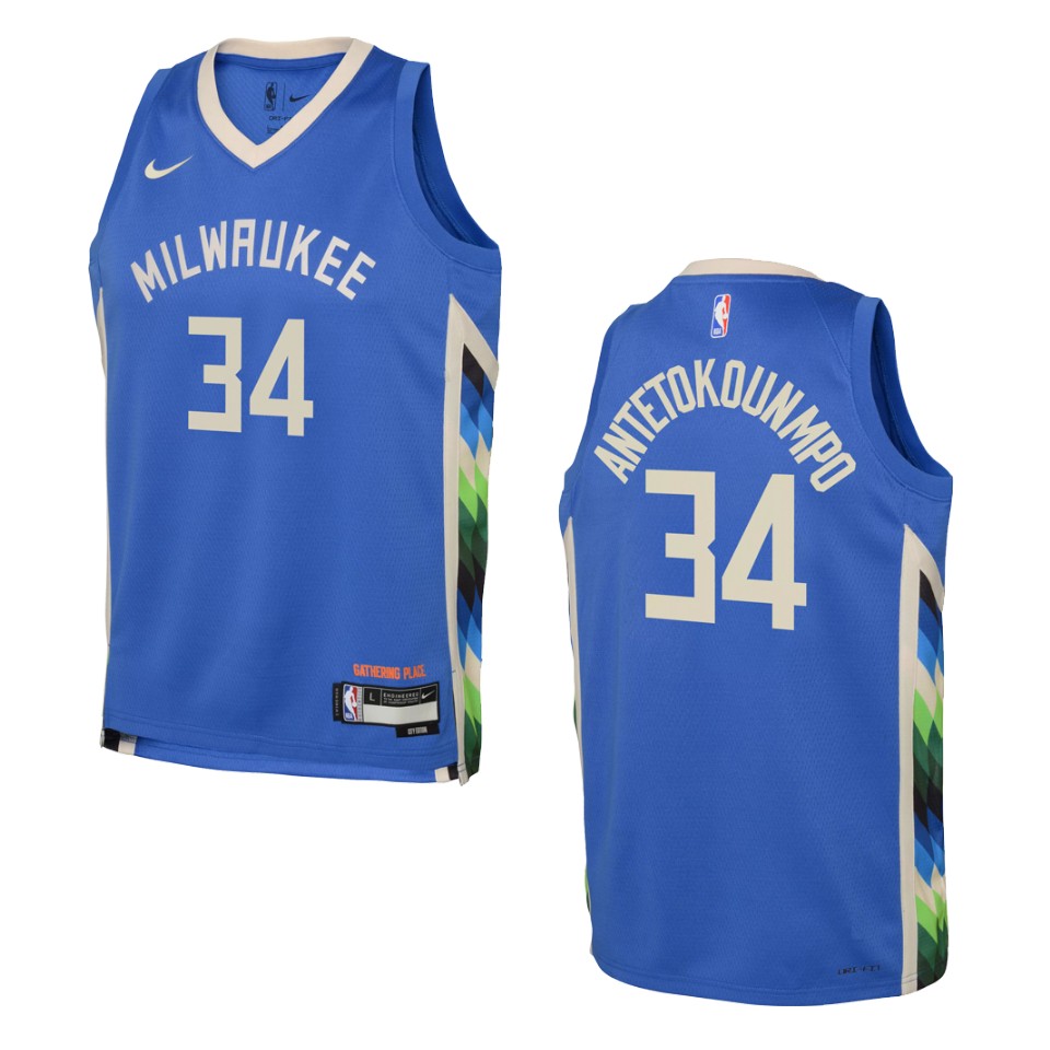 Youth Milwaukee Bucks 2022-23 City Edition Giannis Antetokounmpo Royal Jersey