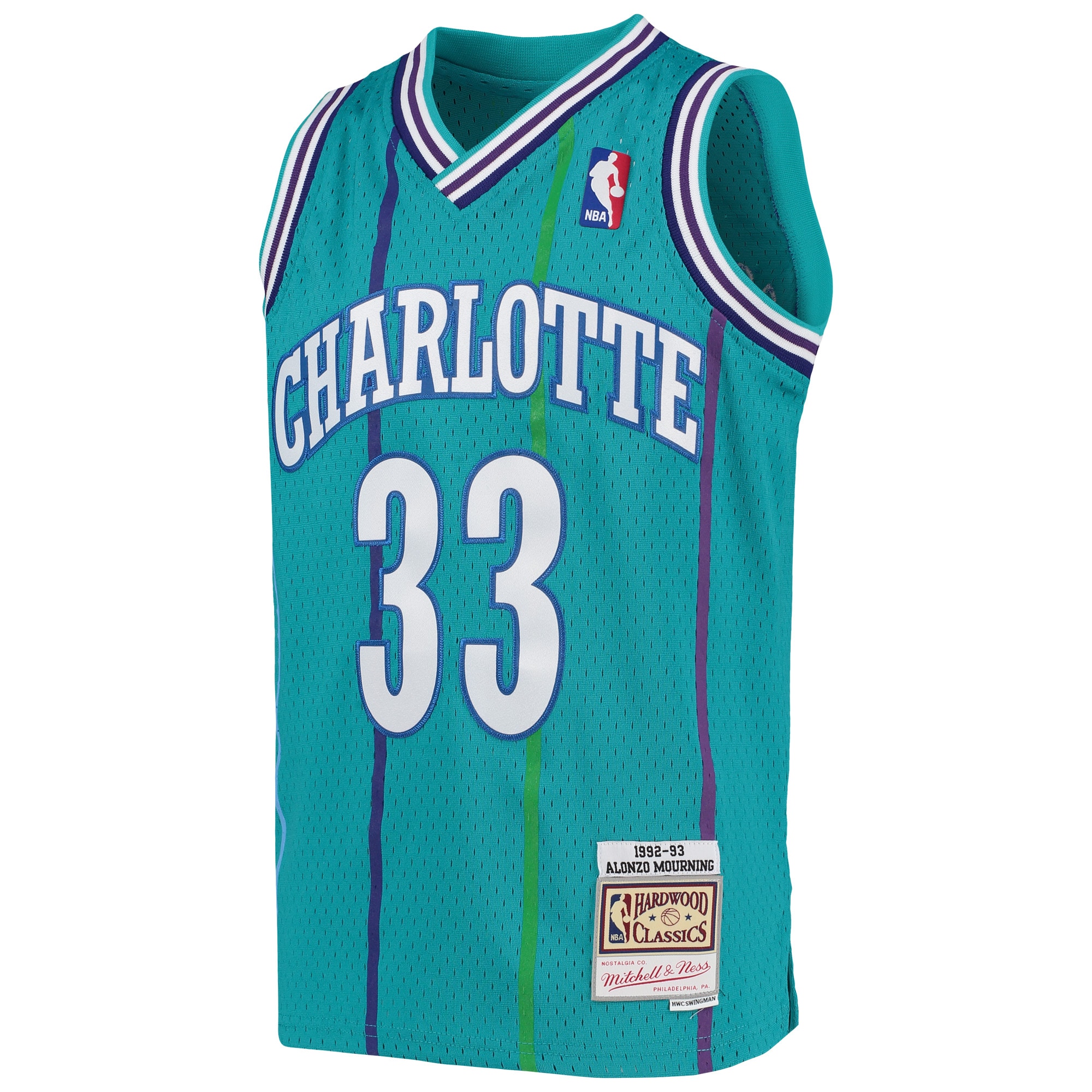 Alternative view of Youth Mitchell & Ness Alonzo Mourning Teal Charlotte Hornets 1992/93 Hardwood Classics Swingman Jersey - JS779 