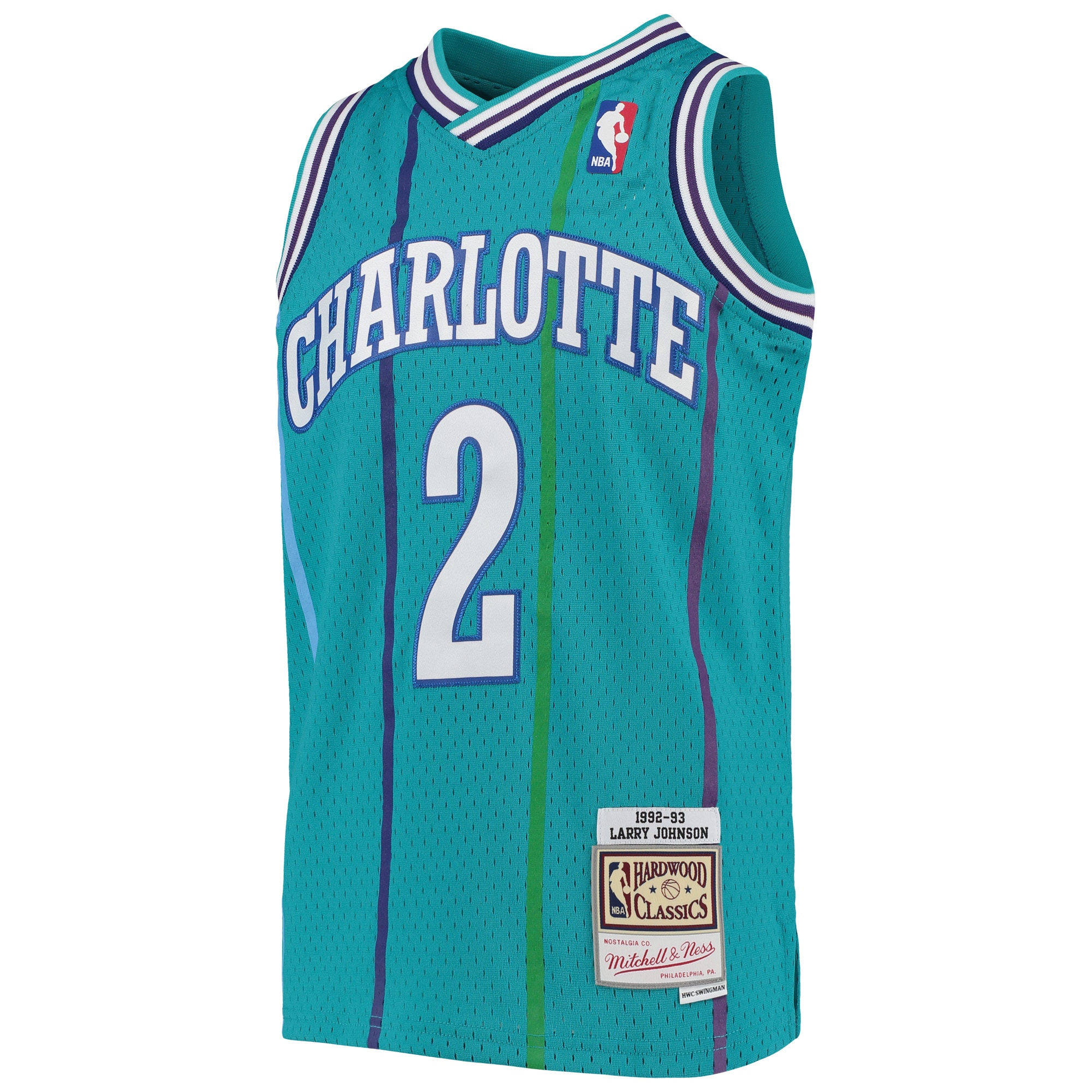 Alternative view of Youth Mitchell & Ness Larry Johnson Teal Charlotte Hornets 1992/93 Hardwood Classics Swingman Jersey - JS795 