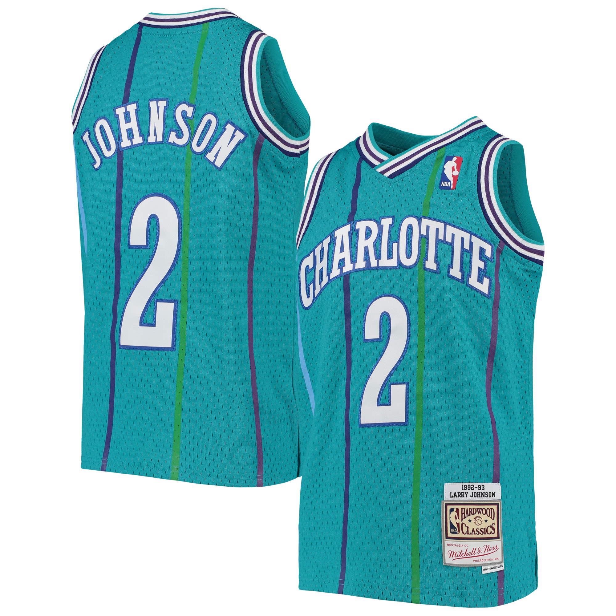 Youth Mitchell & Ness Larry Johnson Teal Charlotte Hornets 1992/93 Hardwood Classics Swingman Jersey - JS795 