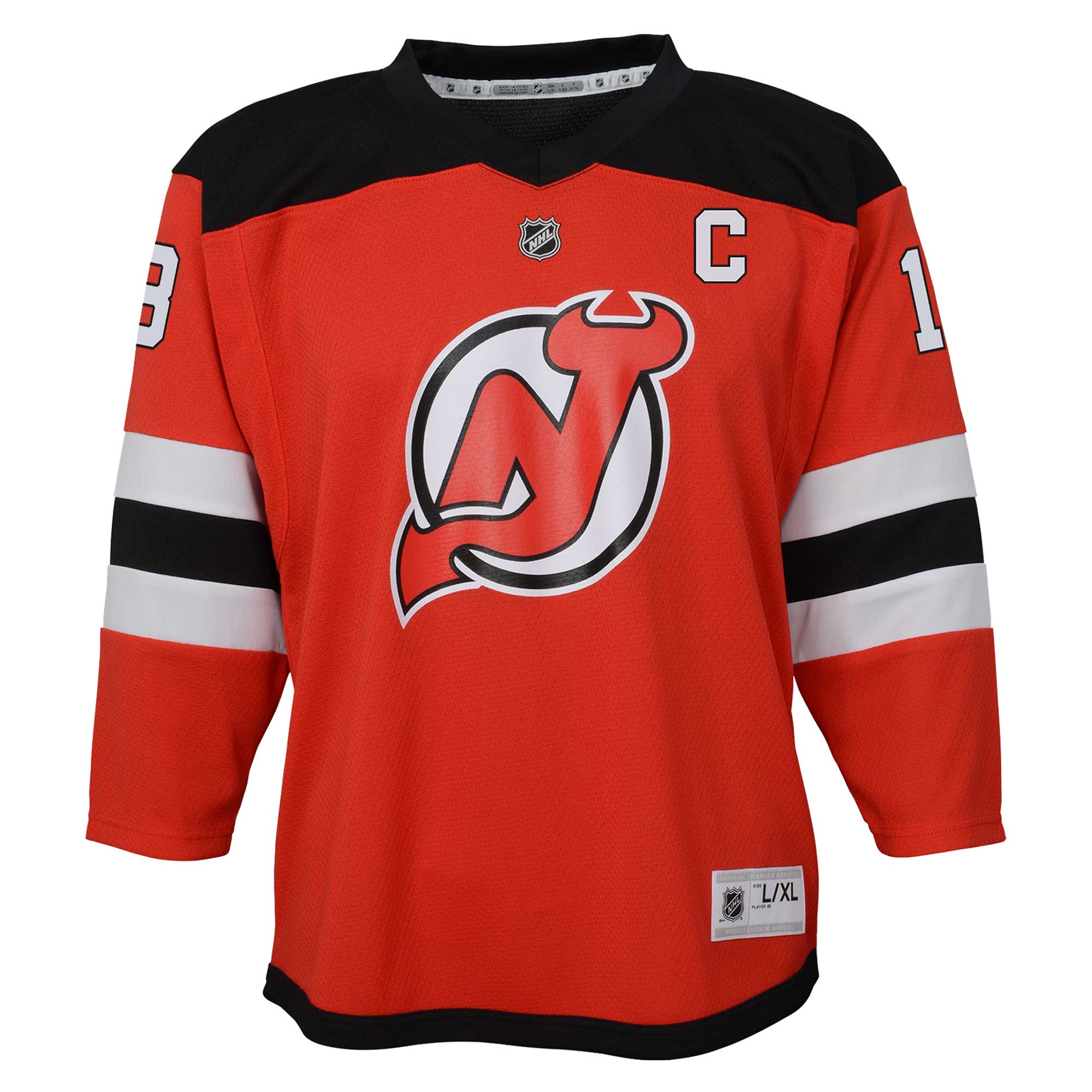 Alternative view of Youth New Jersey Devils Nico Hischier Red Captain Patch Home Player Jersey - JS169 