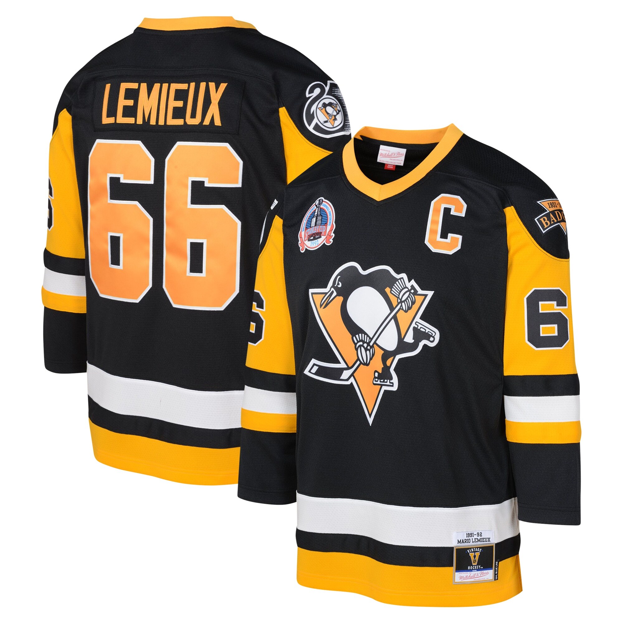 Youth Pittsburgh Penguins Mario Lemieux Mitchell & Ness Black 1991-92 Blue Line Player Jersey - JS689 