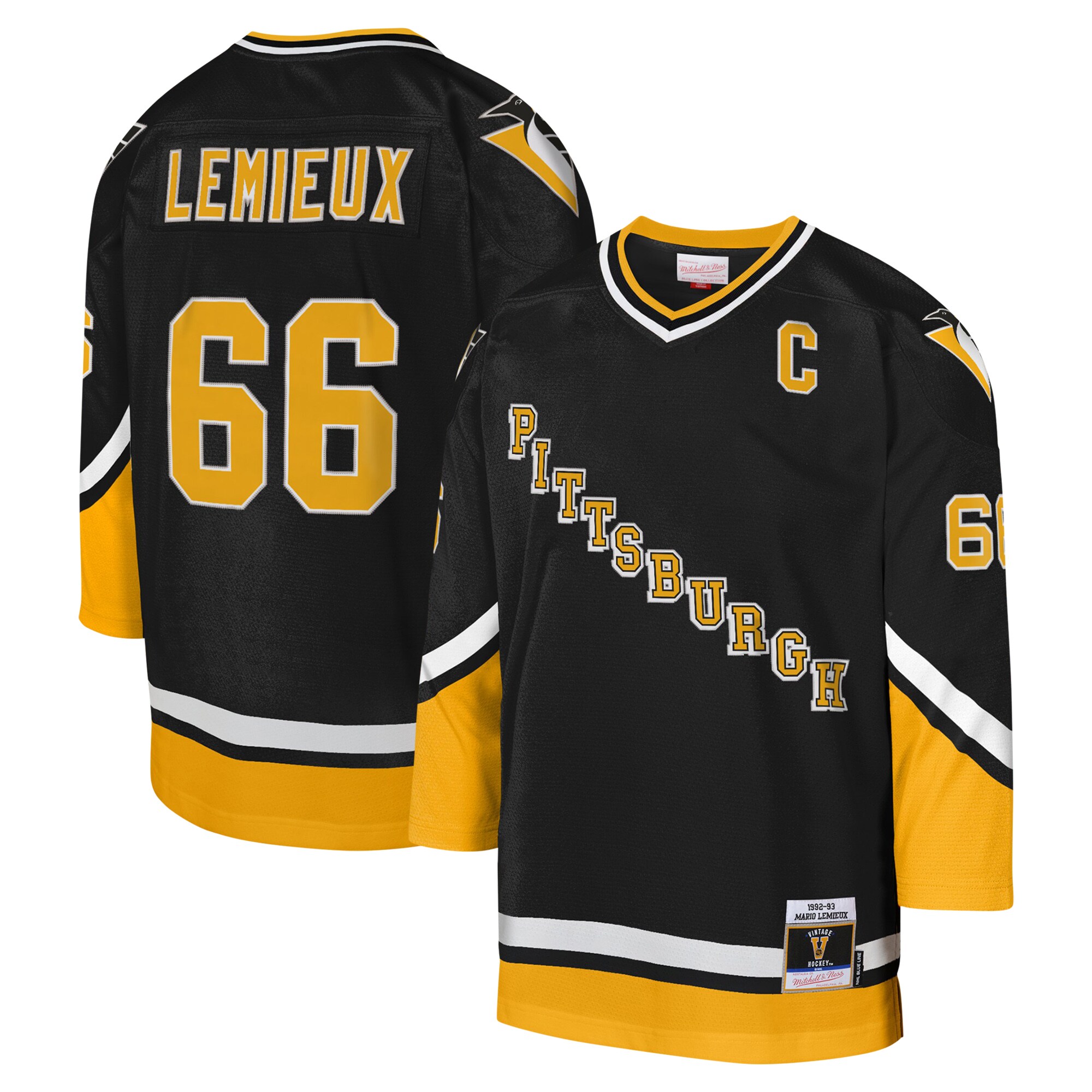 Youth Pittsburgh Penguins Mario Lemieux Mitchell & Ness Black 1992-93 Blue Line Captain Patch Player Jersey - JS406 