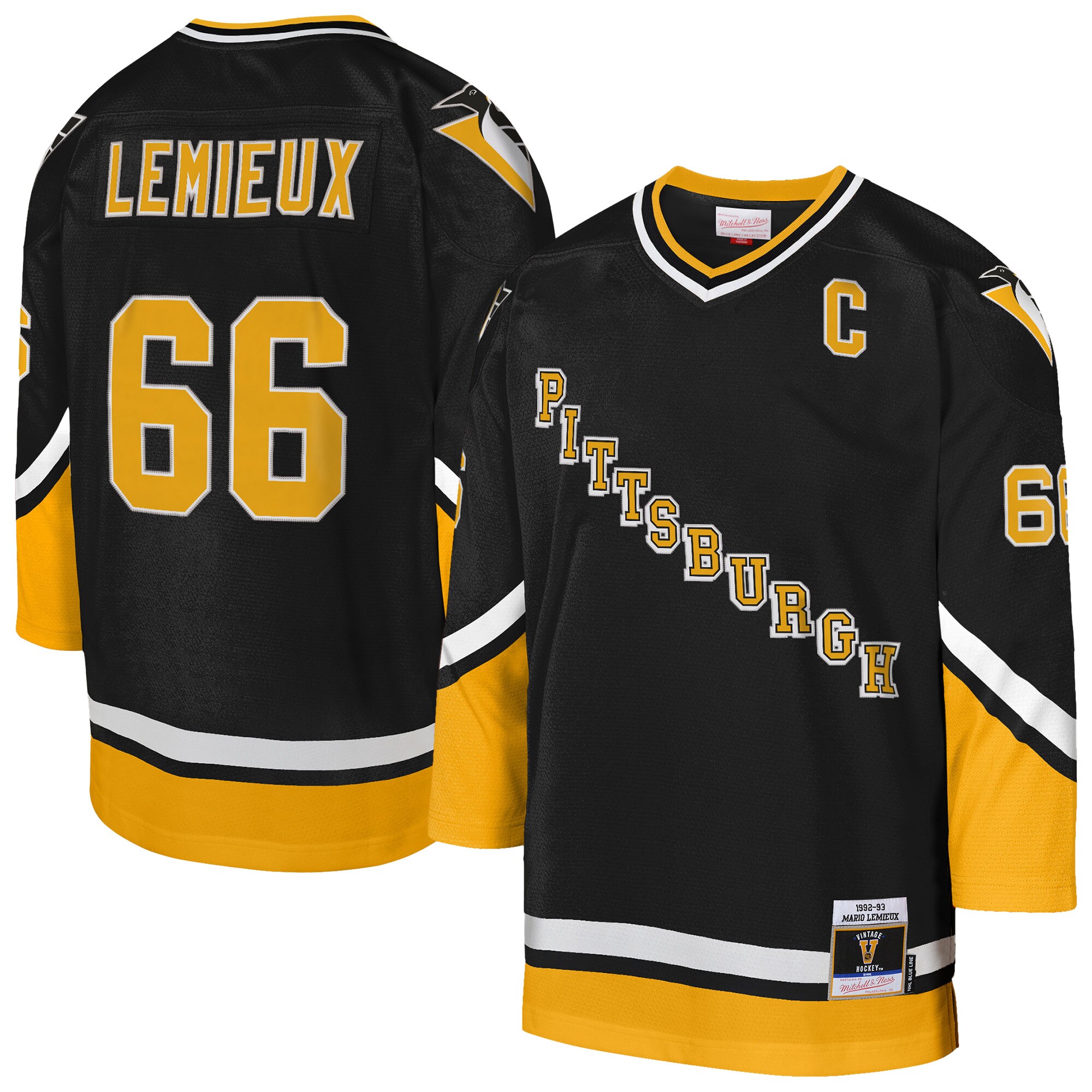 Youth Pittsburgh Penguins Mario Lemieux Mitchell & Ness Gold 1992/93 Captain Patch Blue Line Player Jersey - JS809 