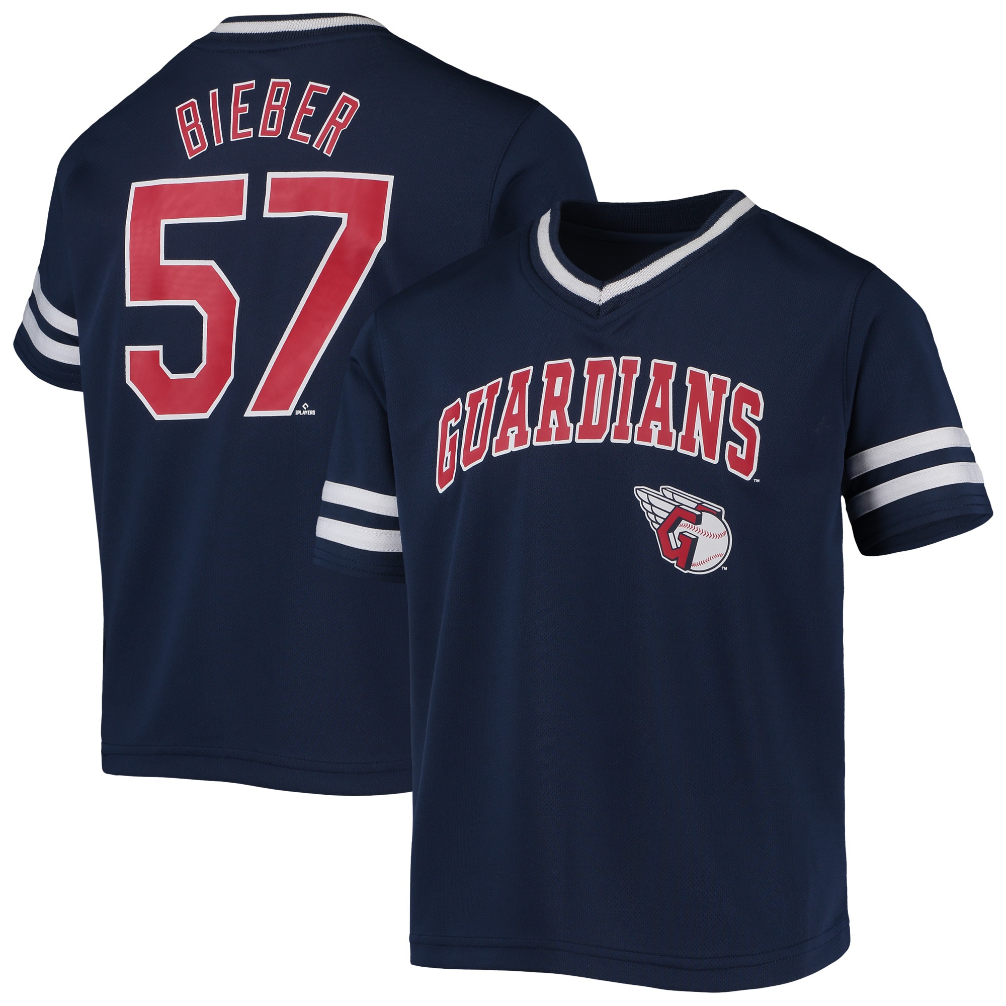 Youth Shane Bieber Navy Cleveland Guardians Player Logo Jersey