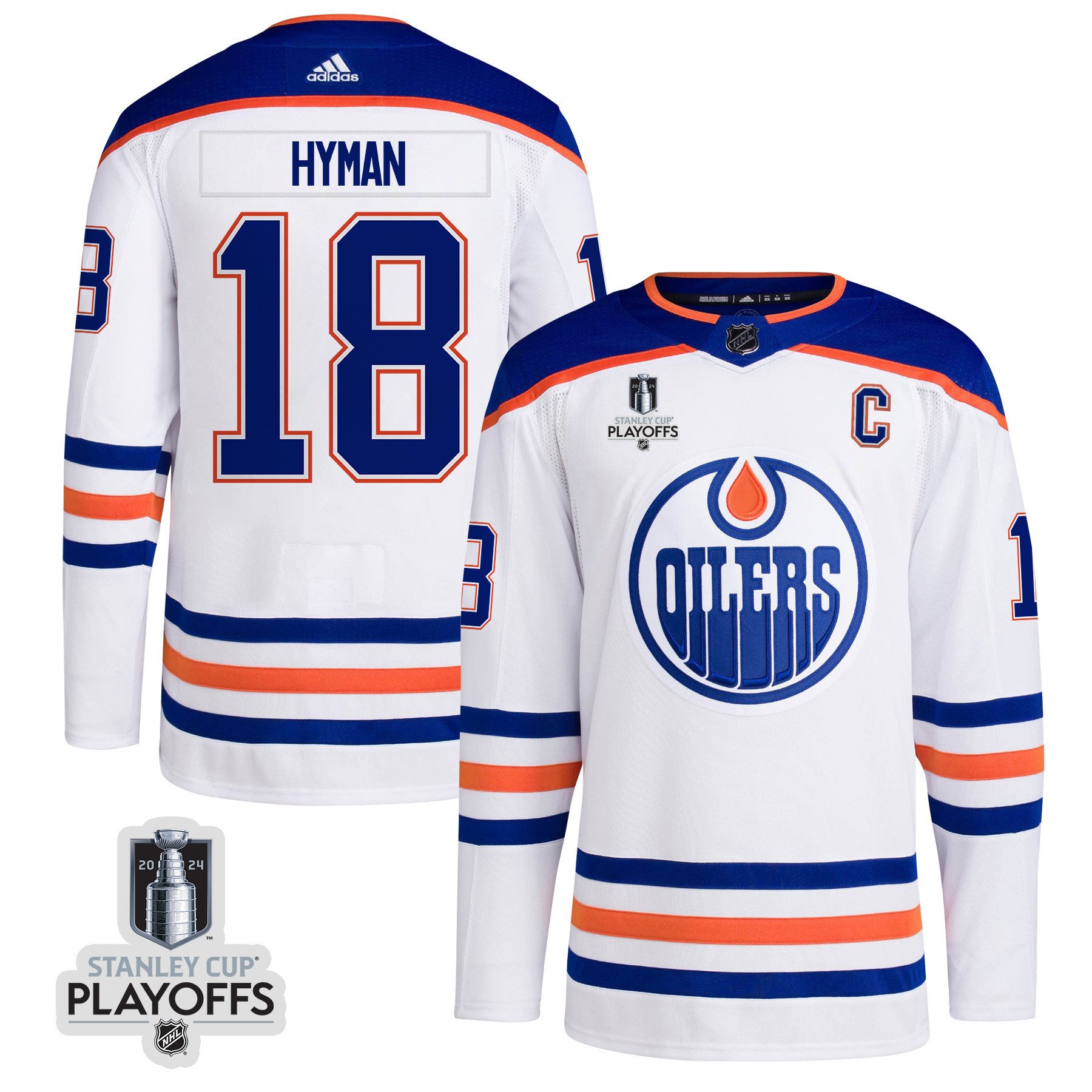 Zach Hyman 18 Edmonton Oilers 2024 NHL Playoffs Patch Away Jersey - Men, White - JS625 