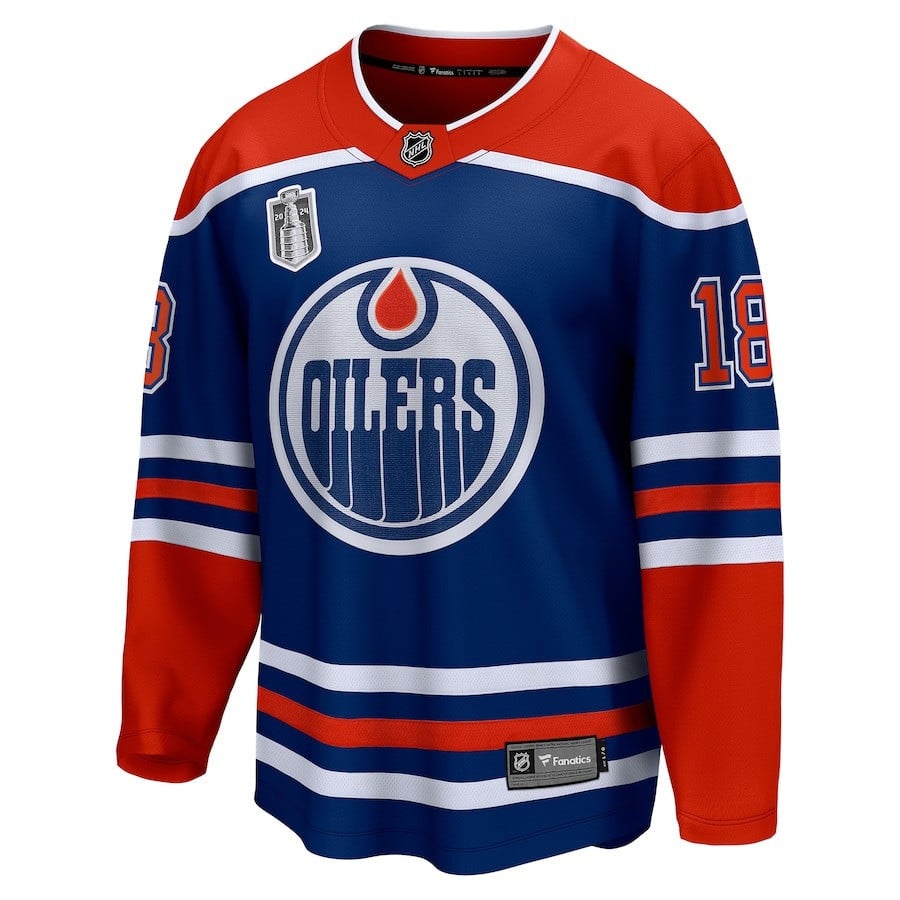Alternative view of Zach Hyman 18 Edmonton Oilers 2024 Stanley Cup Final Home Breakaway Player Jersey - Royal - JS677 