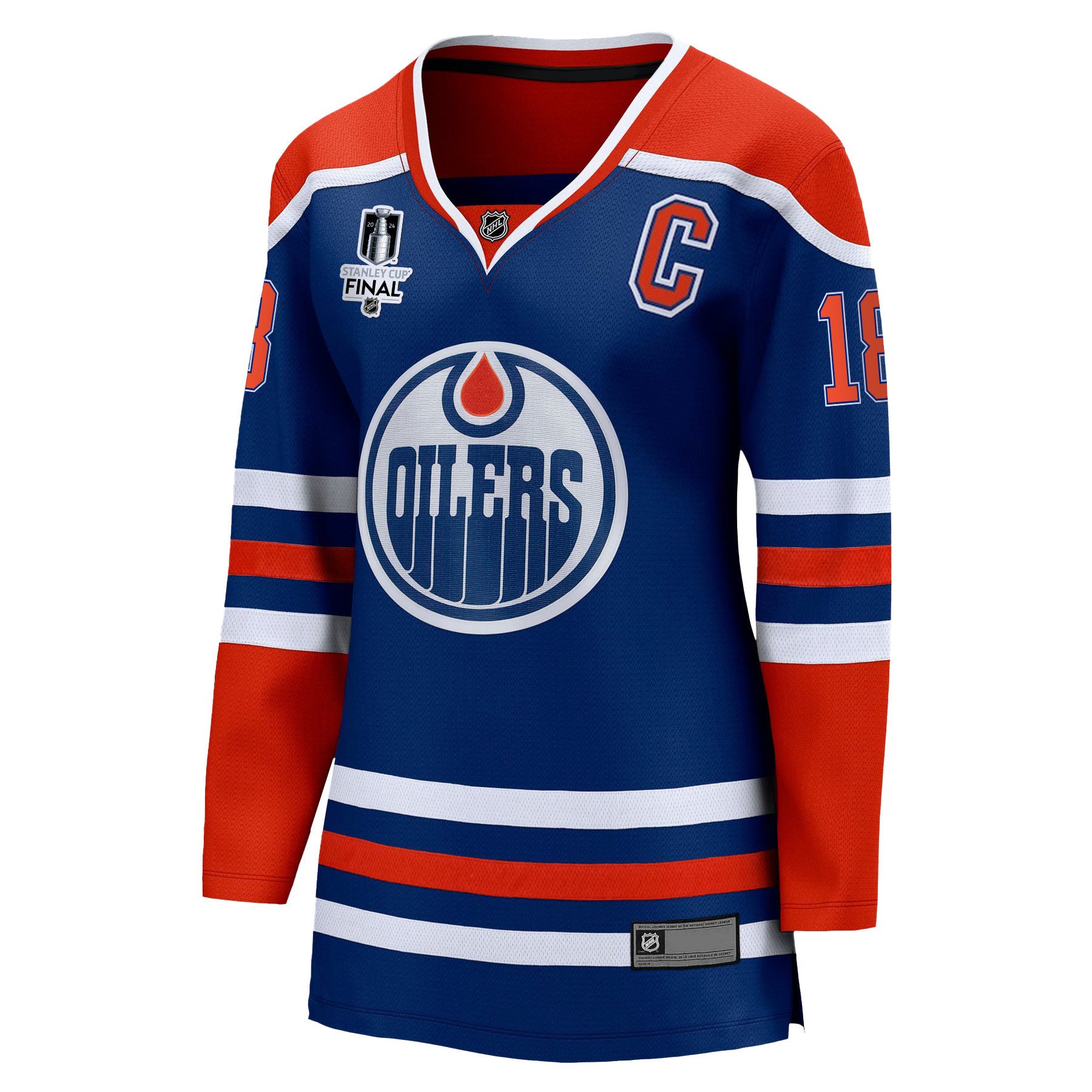 Alternative view of Zach Hyman 18 Edmonton Oilers 2024 STANLEY CUP Final Women's Home Jersey - Royal - JS897 