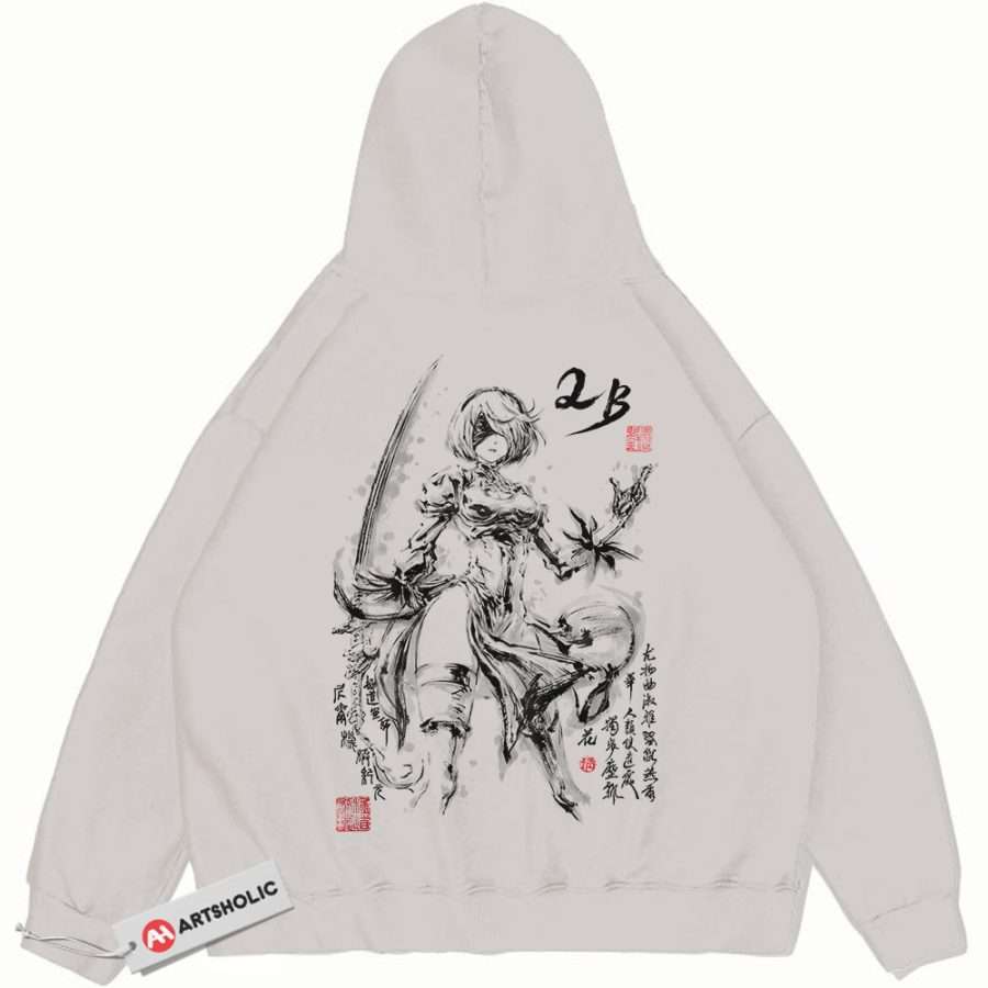 Alternative view of 2B Hoodie, NieR:Automata Hoodie, Game Hoodie, Vintage Hoodie