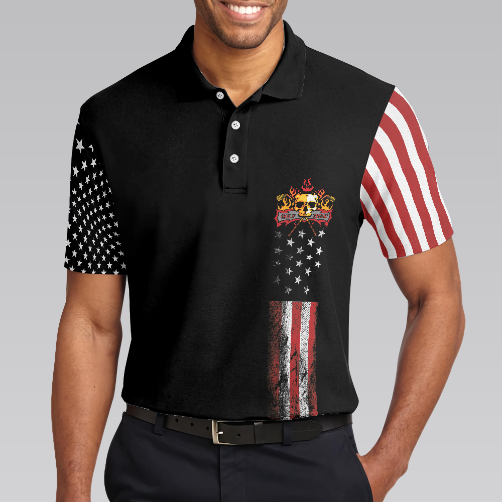 Alternative view of 8-ball American Flag Short Sleeve Pattern Wet Paint Skull Golf Polo Shirt, Dark Theme American Flag Polo Shirt, Best Golf Shirt For Men