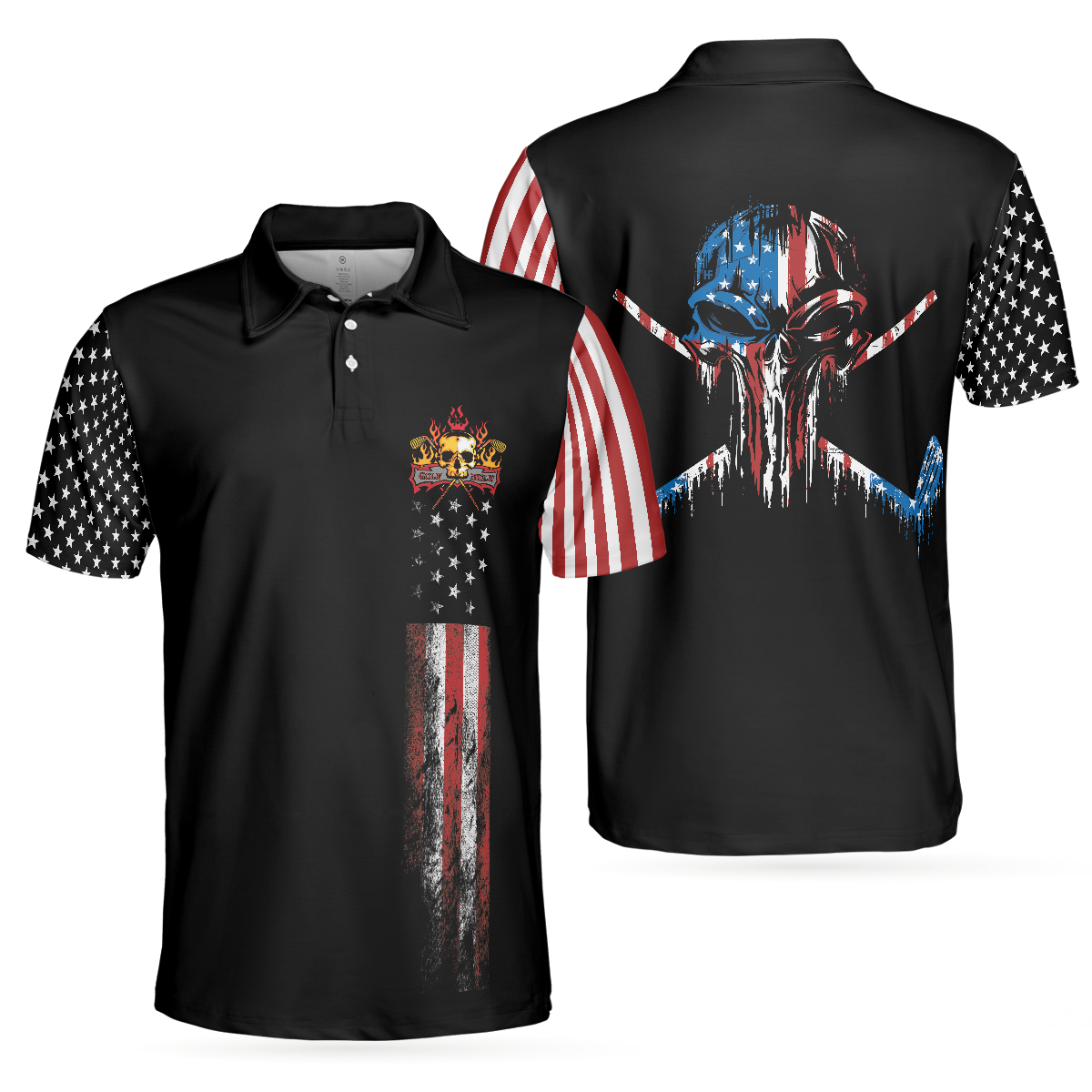8-ball American Flag Short Sleeve Pattern Wet Paint Skull Golf Polo Shirt, Dark Theme American Flag Polo Shirt, Best Golf Shirt For Men