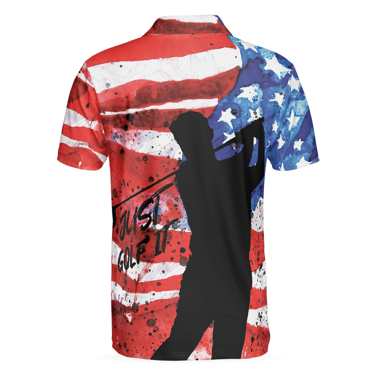Alternative view of American Golfer Just Golf It Short Sleeve Golf Polo Shirt, Wet Paint American Flag Polo Shirt, Patriotic Golf Shirt For Men