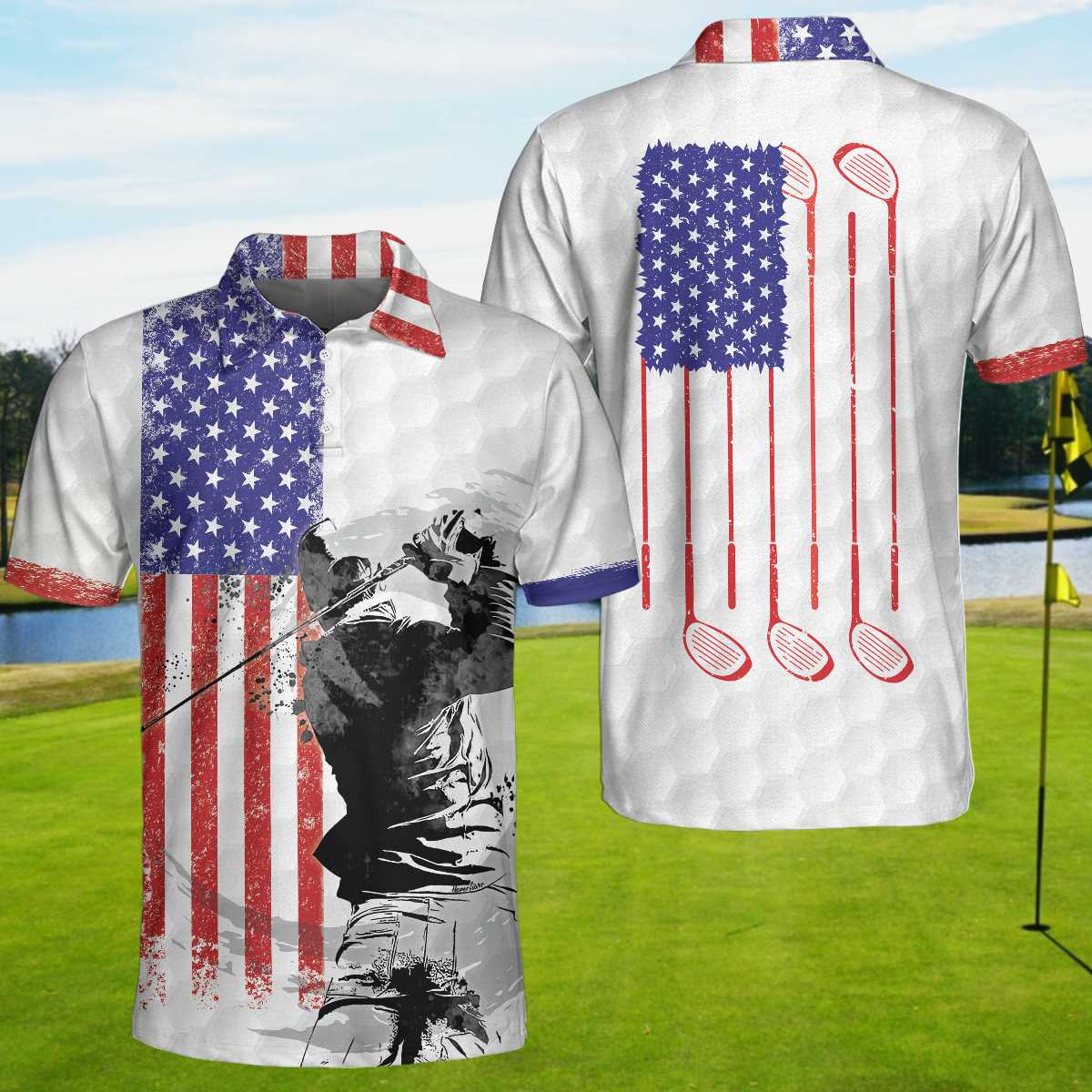 American Golfer Short Sleeve Golf Polo Shirt, Golf Club Style American Flag Polo Shirt, Patriotic Golf Shirt For Men
