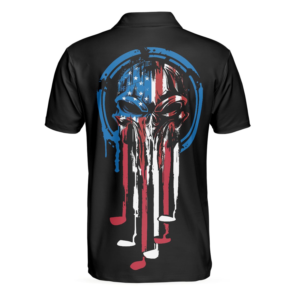 Alternative view of American Skull Golf Clubs Set Short Sleeve Black Golf Polo Shirt, Wet Paint American Flag Polo Shirt, Best Golf Shirt For Men