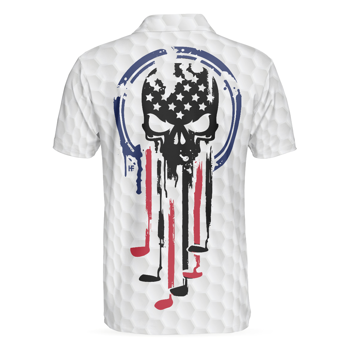 Alternative view of American Skull Golf Clubs Set Short Sleeve White Golf Polo Shirt, Wet Paint American Flag Polo Shirt, Best Golf Shirt For Men