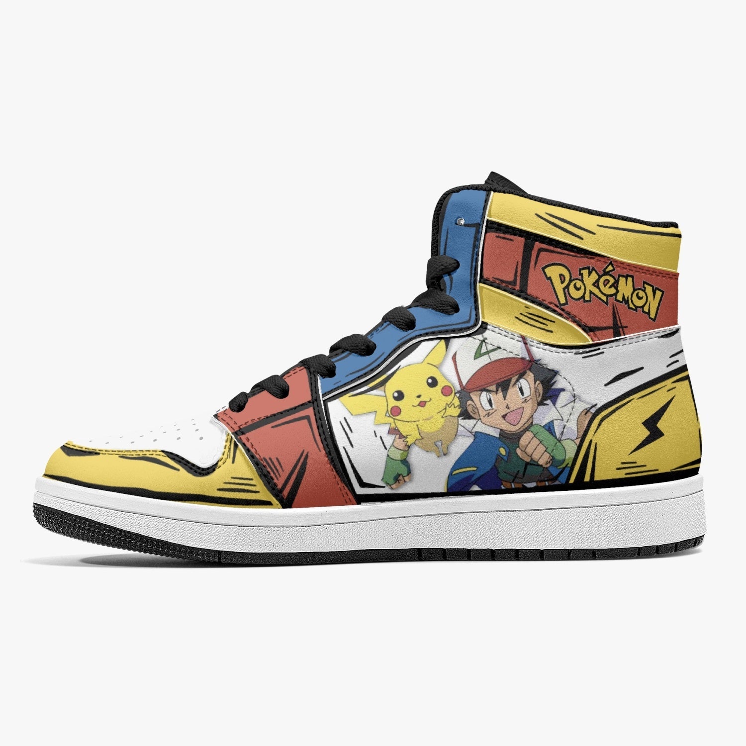 Alternative view of Ash Ketchum and Pikachu Custom Sneaker Mid 1 Basketball Shoes - Otaku Hall