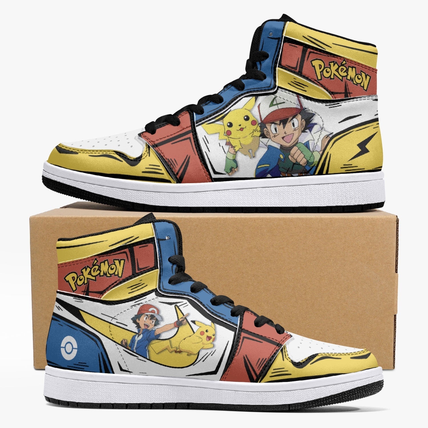 Ash Ketchum and Pikachu Custom Sneaker Mid 1 Basketball Shoes - Otaku Hall