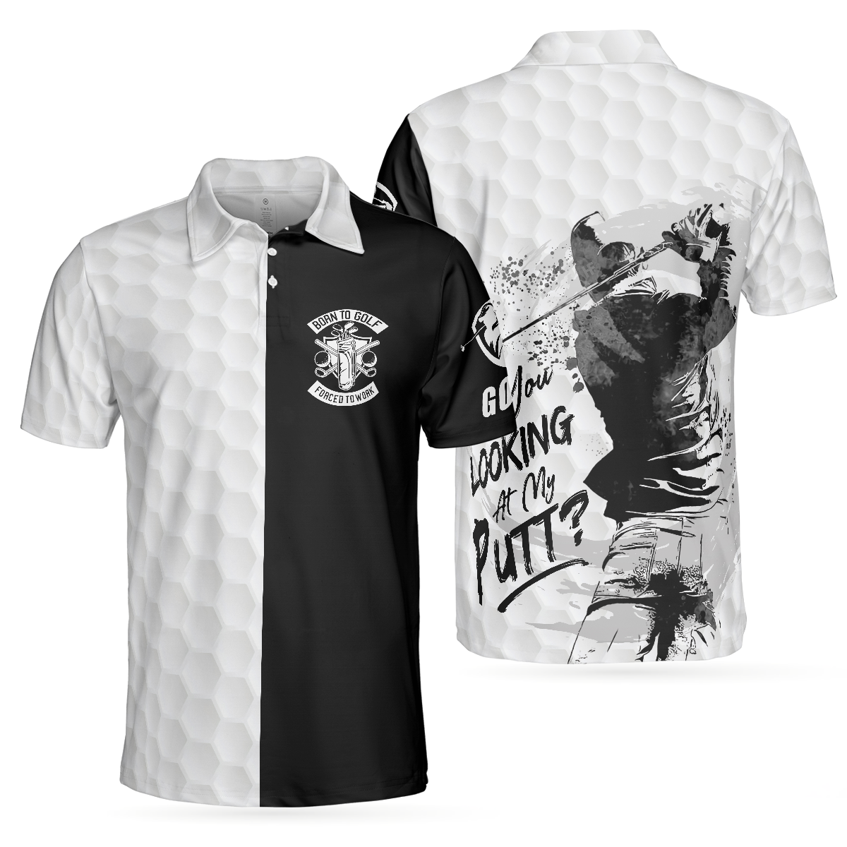 Black & White Are You Looking At My Putt Golf Polo Shirt, Black And Golf Pattern Polo Shirt, Sarcastic Golf Shirt For Men