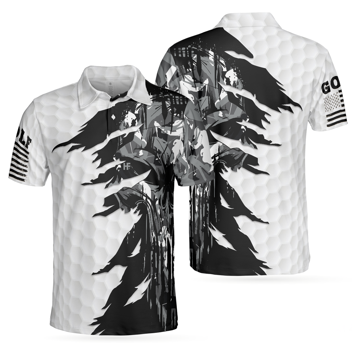 Black & White Ripped Vintage Golfing Clubs Skull Camouflage Polo Shirt, American Flag Polo Shirt, Camo Golf Shirt For Men