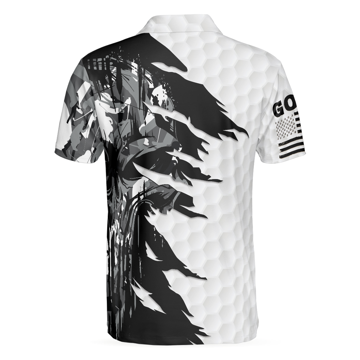 Alternative view of Black & White Ripped Vintage Golfing Clubs Skull Camouflage Polo Shirt, American Flag Polo Shirt, Camo Golf Shirt For Men