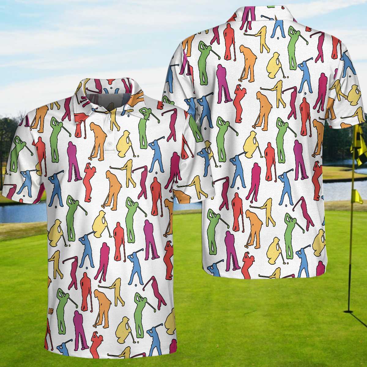 Colorful Male Golfer Short Sleeve Polo Shirt, White Silhouette Polo Shirt, Best Golf Shirt For Men