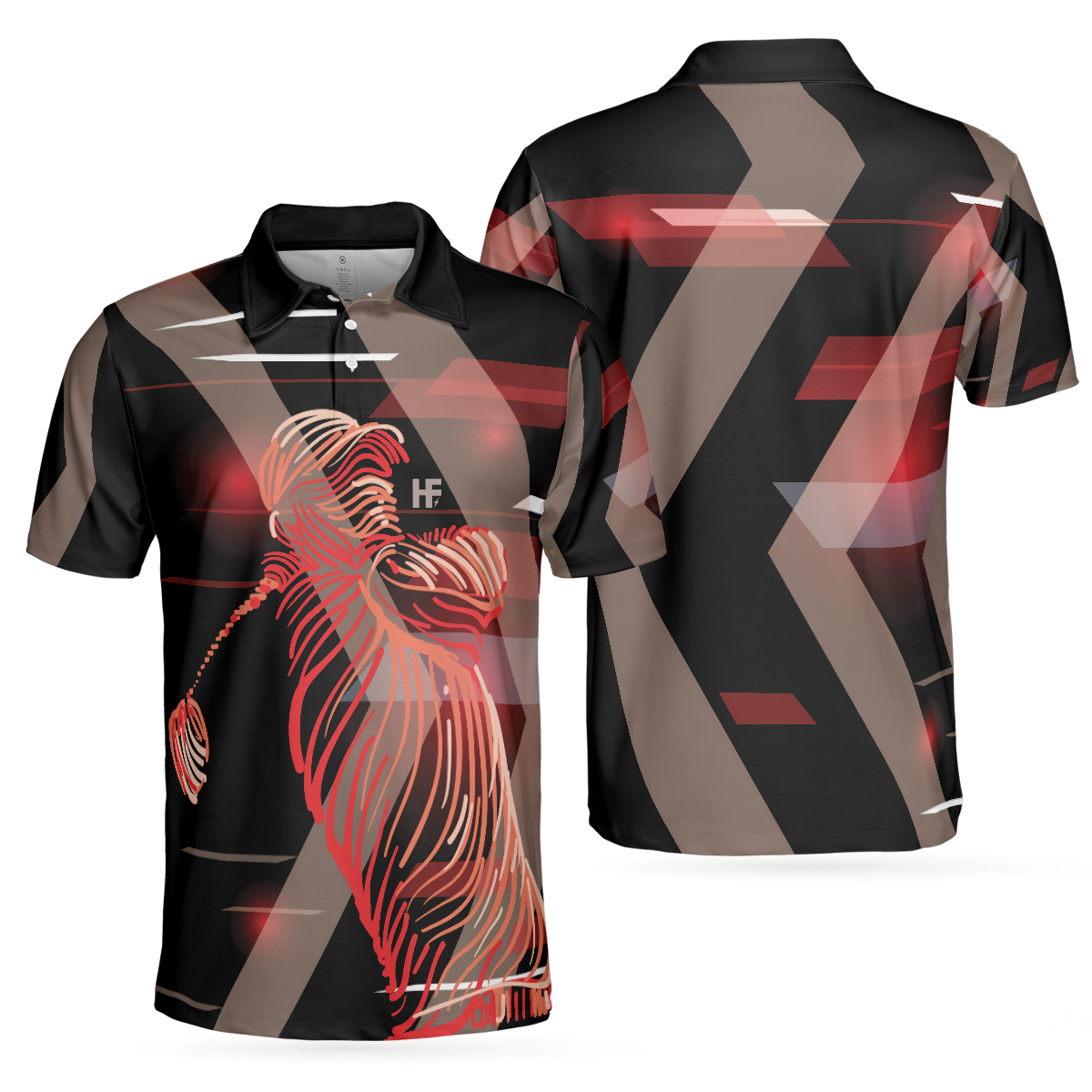 Digital Golf Style Polo Shirt, Short Sleeve Black And Red Golfer Golf Shirt For Men