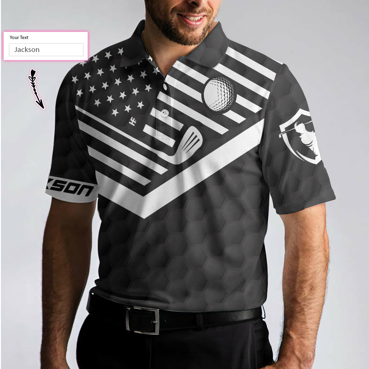 Eat Sleep Golf Repeat Custom Polo Shirt, Personalized Black American Flag Golf Shirt For Men