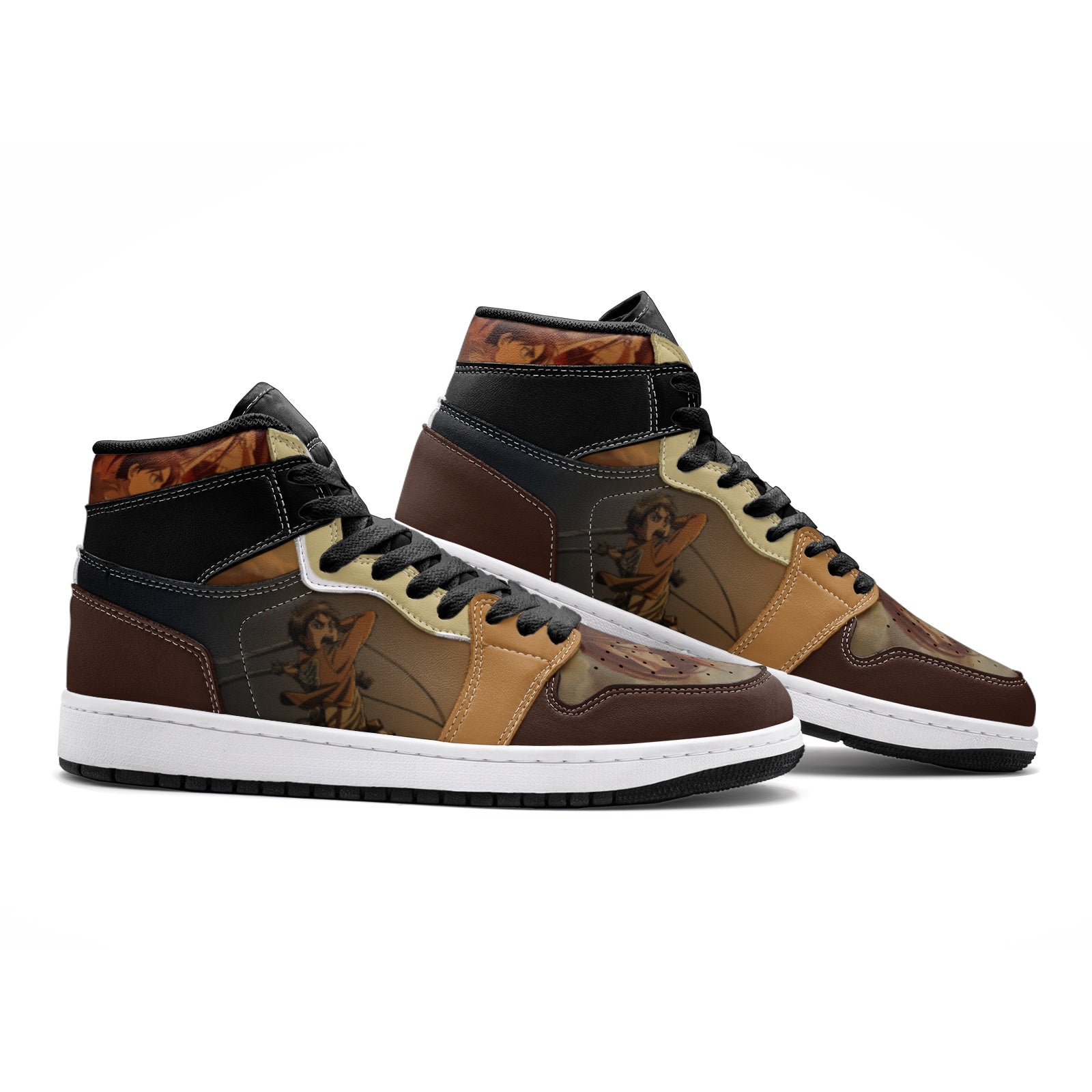 Alternative view of Eren Yeager Attack on Titan Custom Sneaker Mid 1 Basketball Shoes - Otaku Hall