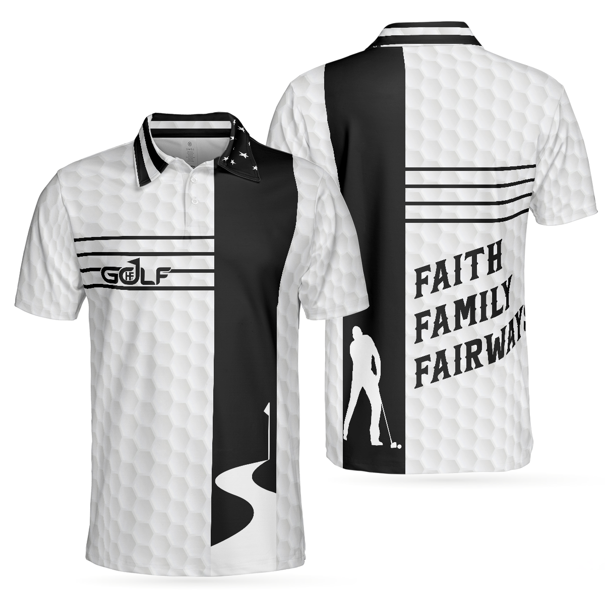 Faith Family Fairways American Flag Golf Polo Shirt, Black And White Golf Shirt For Men