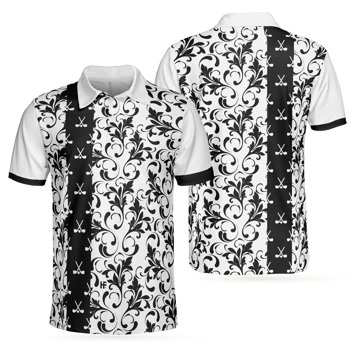 Floral Golf Pattern In White Polo Shirt, Black And White Polo Shirt, Floral Golf Shirt For Men