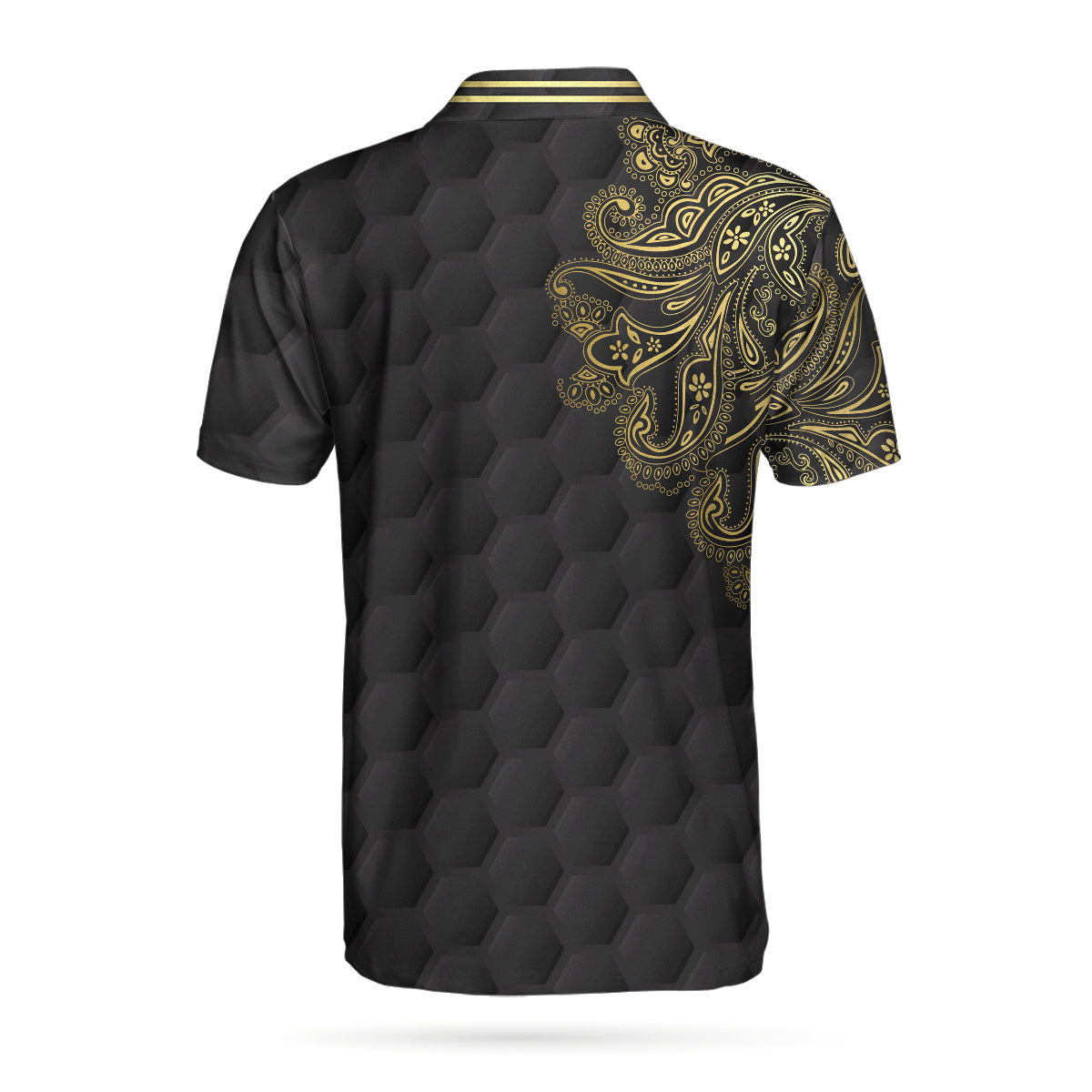 Alternative view of Golden Hole In One Black Golf Texture Custom Polo Shirt, Personalized Golden Floral Paisley Golf Shirt For Men