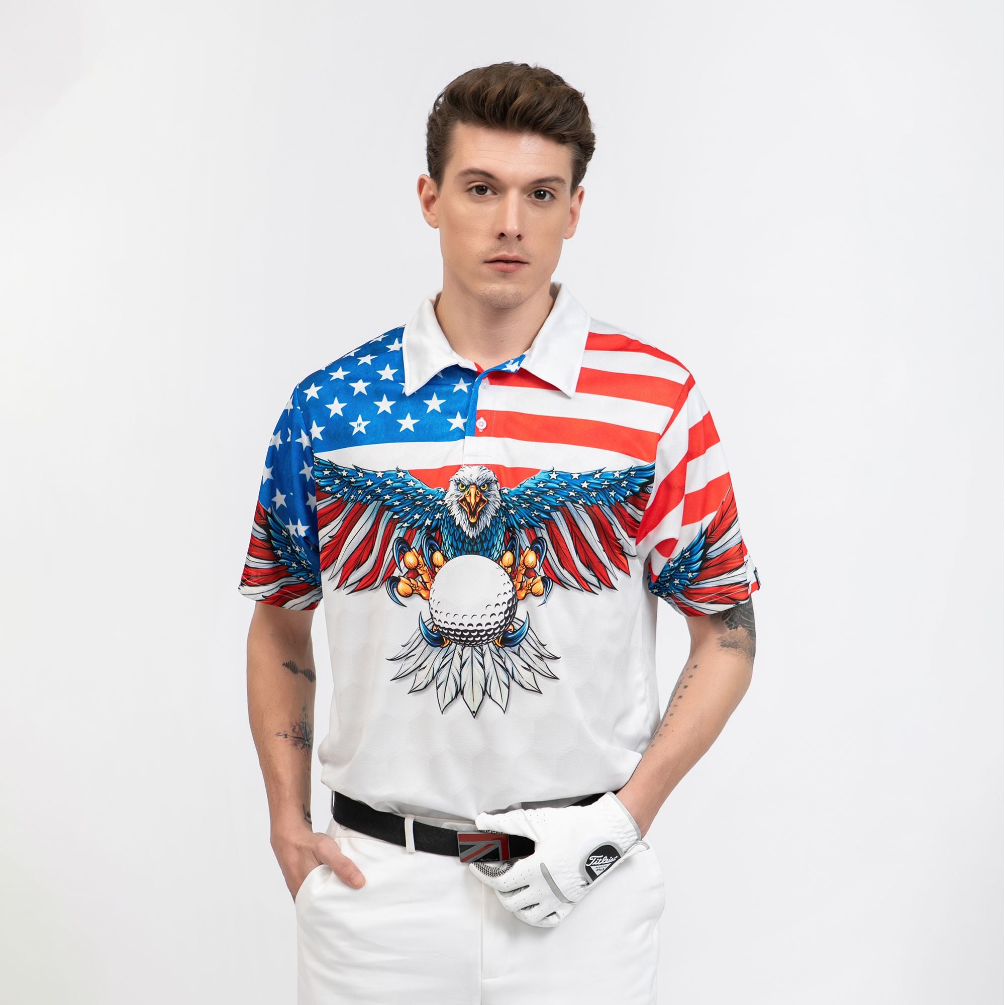 Golf American Flag Eagle Wings Polo Shirt, White Golf Pattern And Golf Ball Polo Shirt, Patriotic Golf Shirt For Men