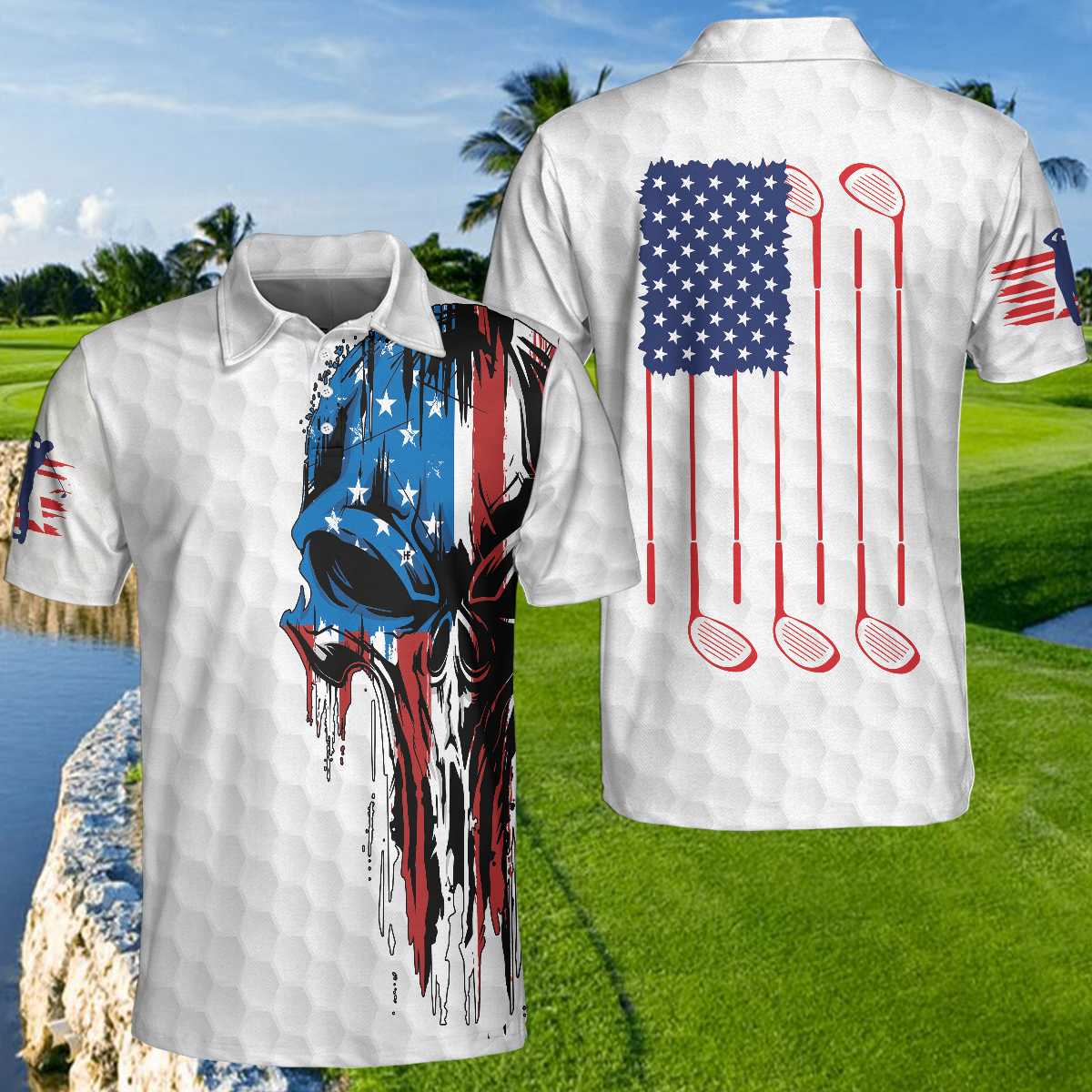 Golf American Flag Polo Shirt, Patriot White Golf Pattern Wet Paint Skull Polo Shirt, Patriotic Golf Shirt For Men