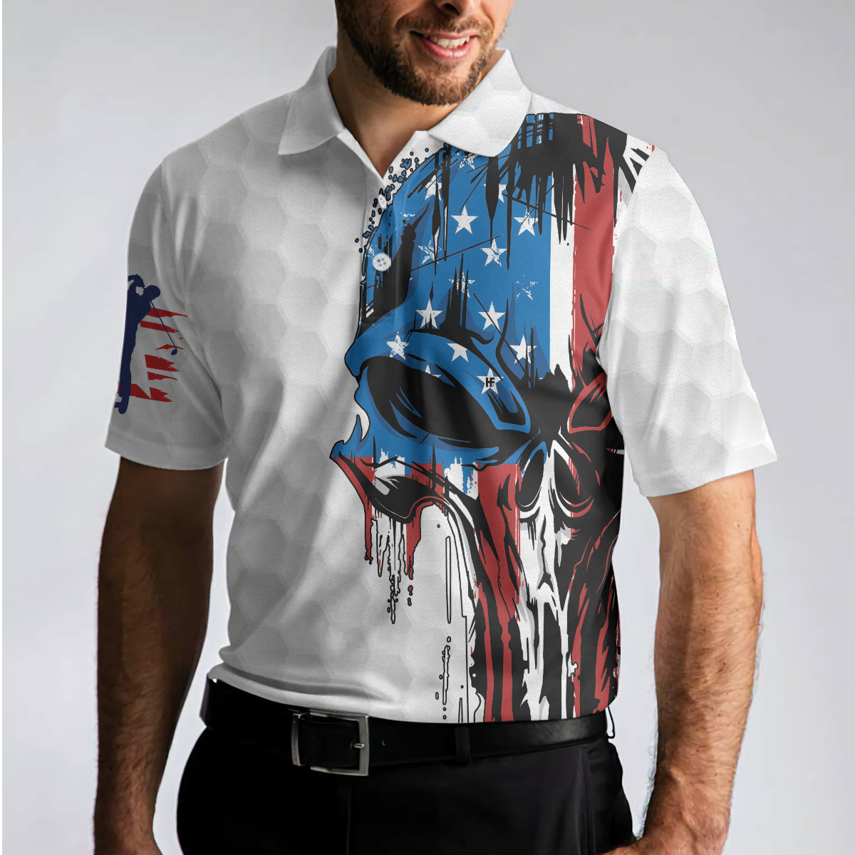 Alternative view of Golf American Flag Polo Shirt, Patriot White Golf Pattern Wet Paint Skull Polo Shirt, Patriotic Golf Shirt For Men