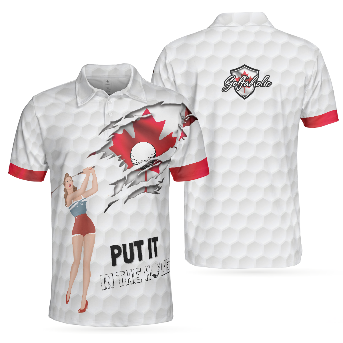 Golf Canada Flag Pin Up Girl Polo Shirt, Canadian Golf Shirt For Men