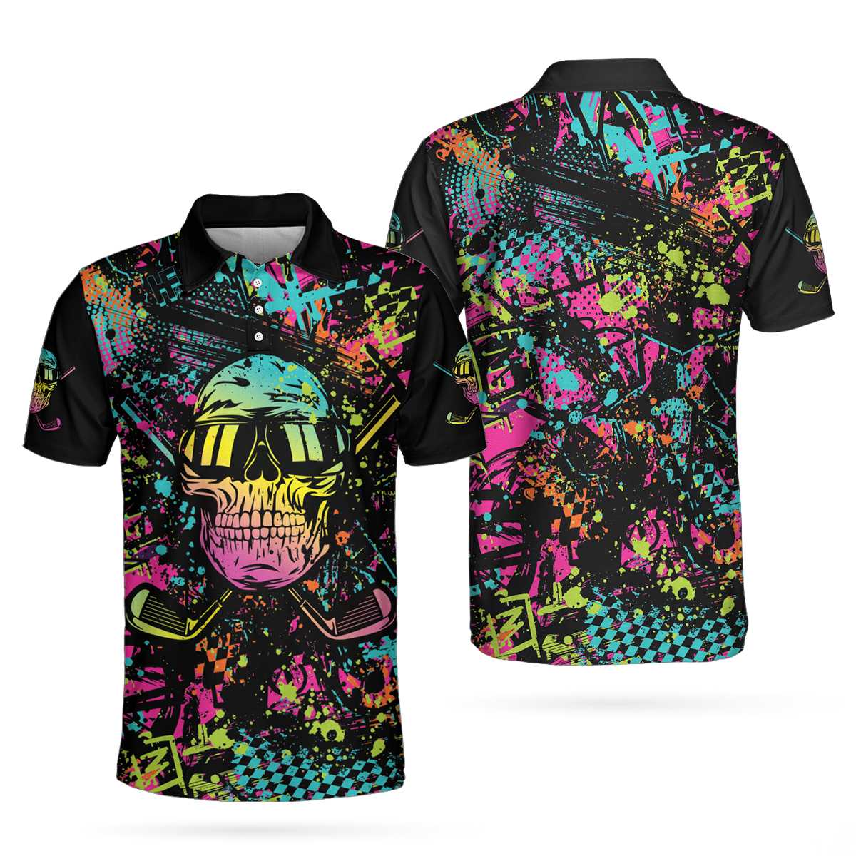 Golf Skull Graffiti Short Sleeve Polo Shirt, Streetwear Polo Shirt, Best Golf Shirt For Men