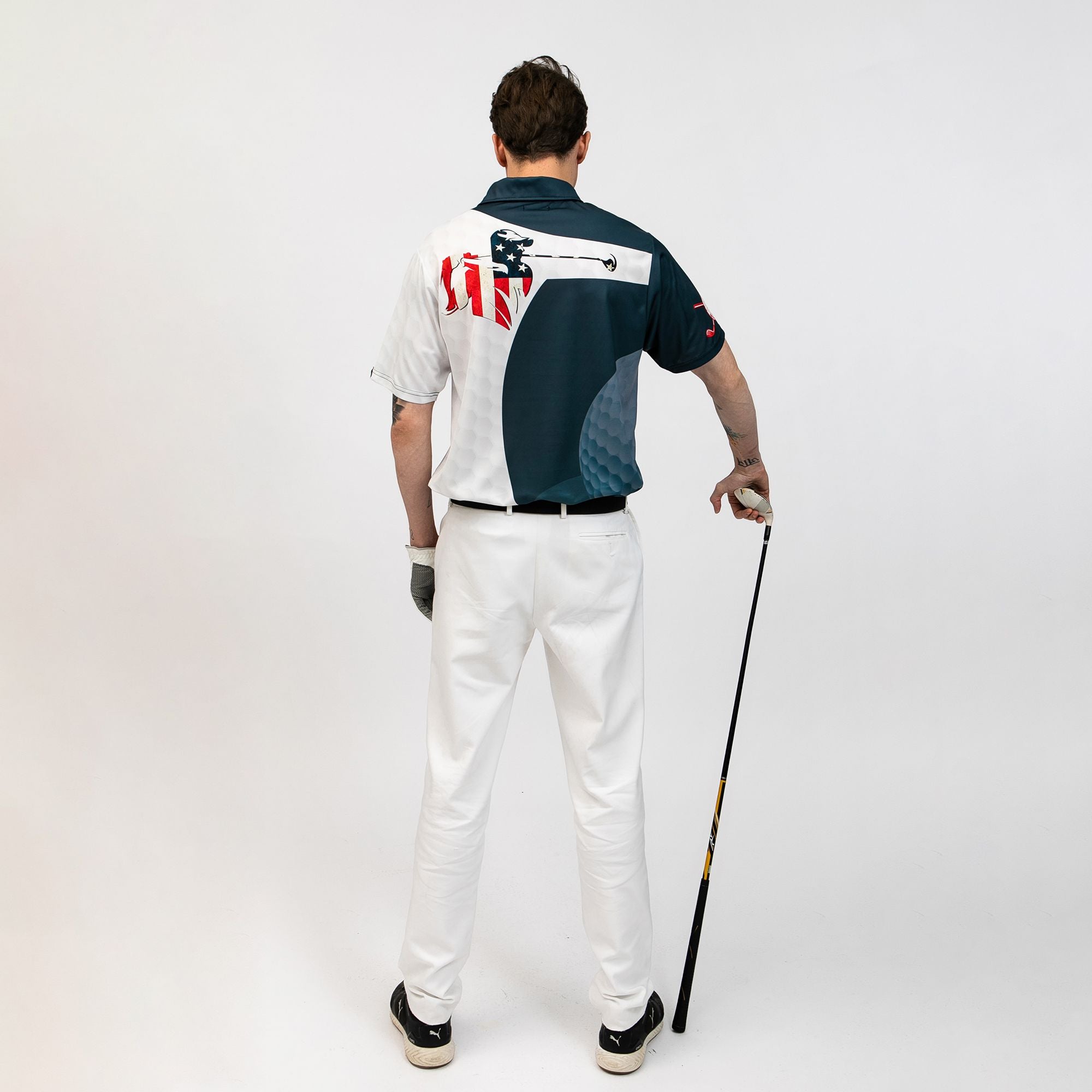 Alternative view of Golf Swing American Flag Golf Ball Texture Polo Shirt, Patriotic Golf Shirt For Men, Cool Gift For Golfers