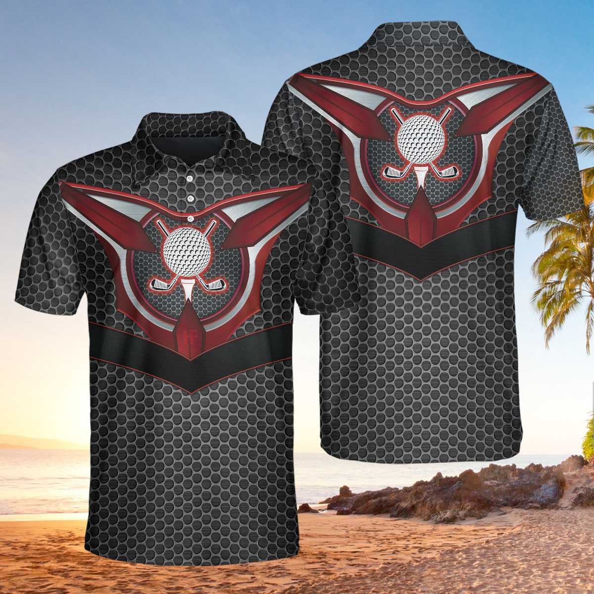 Golf Tech Style Polo Shirt, Black Steel Hornet Nest Pattern Polo Shirt, Best Golf Shirt For Men