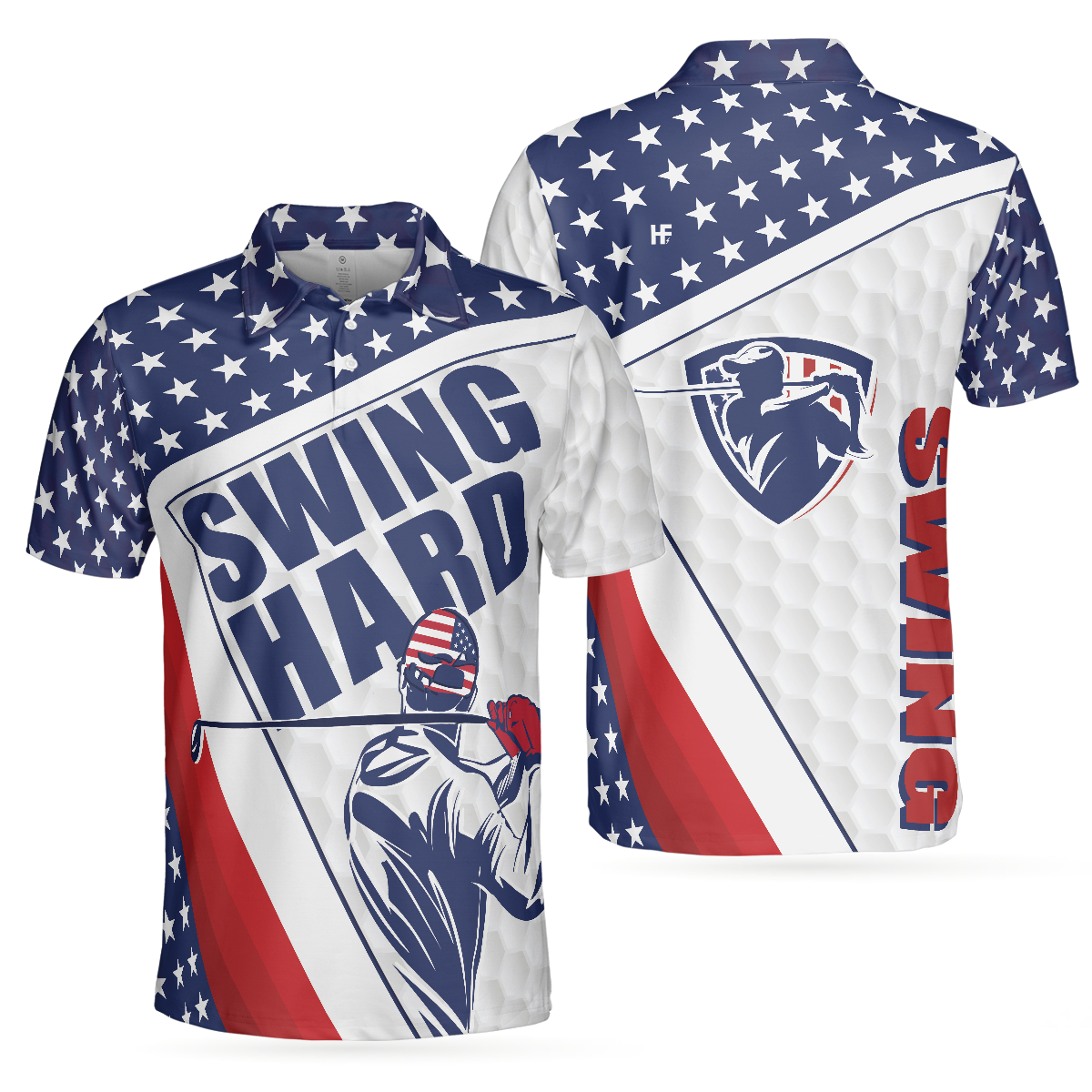 Golf Texture Swing Hard Short Sleeve Golf Polo Shirt, American Flag Polo Shirt, Patriotic Golf Shirt For Men