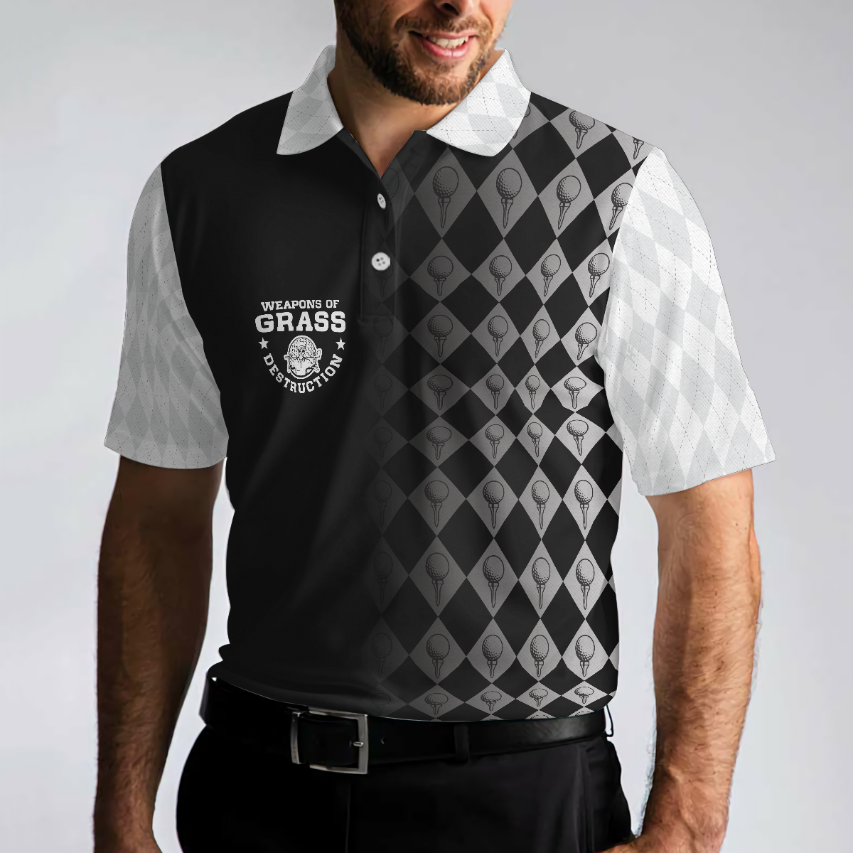 Alternative view of Golf Weapons Of Grass Destruction Short Sleeve Polo Shirt, Black And White Golf Shirt For Men
