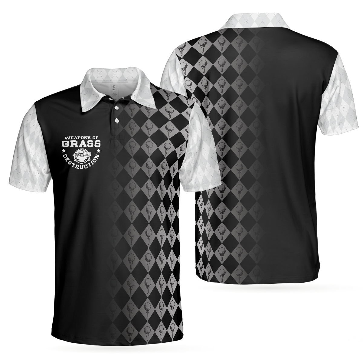 Golf Weapons Of Grass Destruction Short Sleeve Polo Shirt, Black And White Golf Shirt For Men