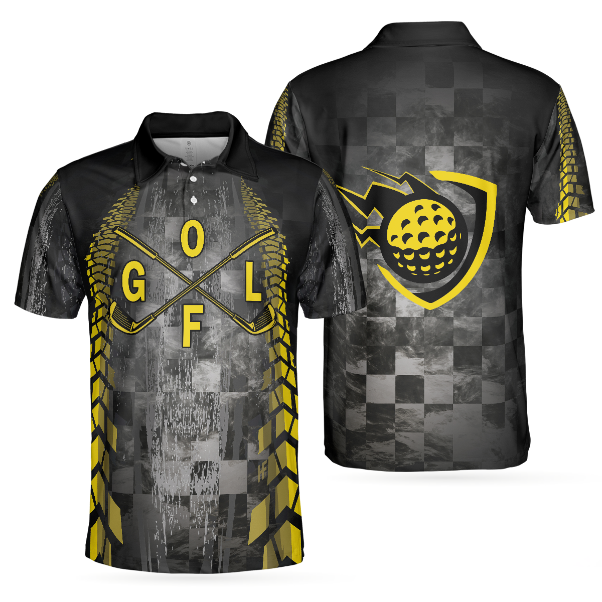 Golf Yellow Pattern Short Sleeve Polo Shirt, Checker Pattern Racing Polo Shirt, Best Golf Shirt For Men