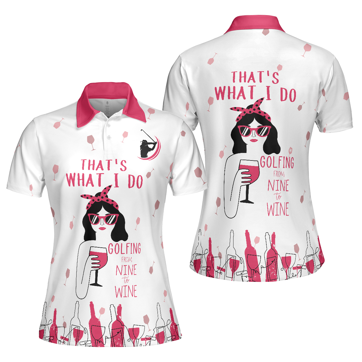 Golfing From Nine To Wine Short Sleeve Polo Shirt, Pink Polo Shirt For Women