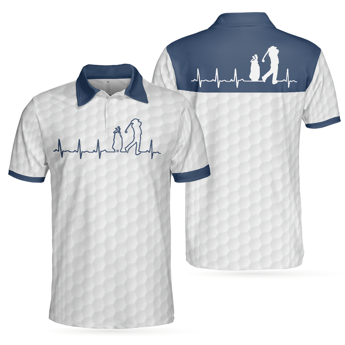 Heartbeat Golfer White And Navy Golf Polo Shirt For Men, Best Gift For Golfers