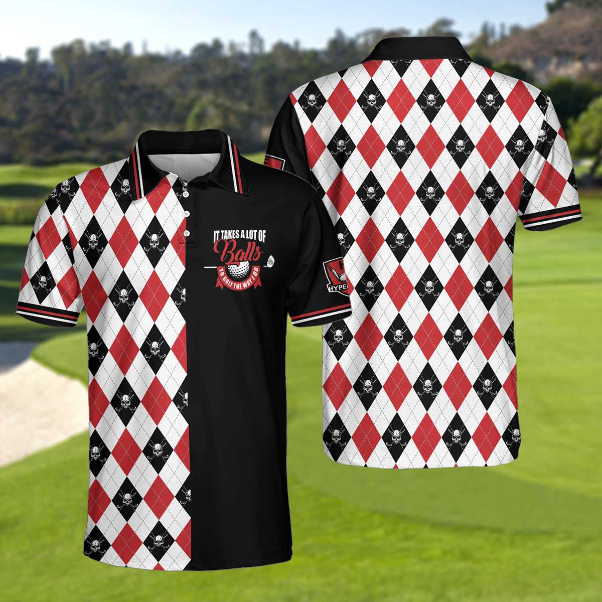 It Takes A Lot Of Balls Red Black And White Pattern Polo Shirt, Argyle Pattern Skull Golf Shirt For Men
