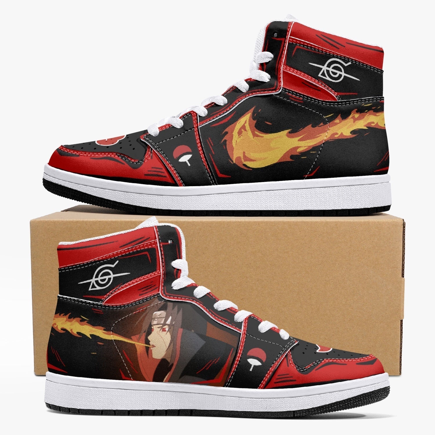 Alternative view of Itachi Uchiha Fireball Akatsuki Custom Sneaker Mid 1 Basketball Shoes - Otaku Hall
